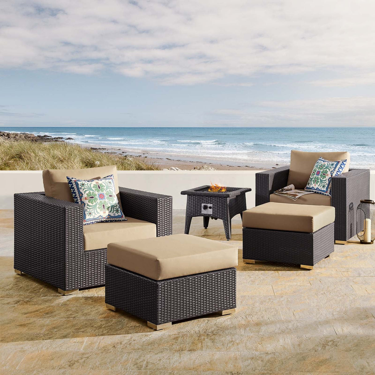 5-Piece Wicker Outdoor Patio Set with Fire Pit and Cushioned Seating Ensemble