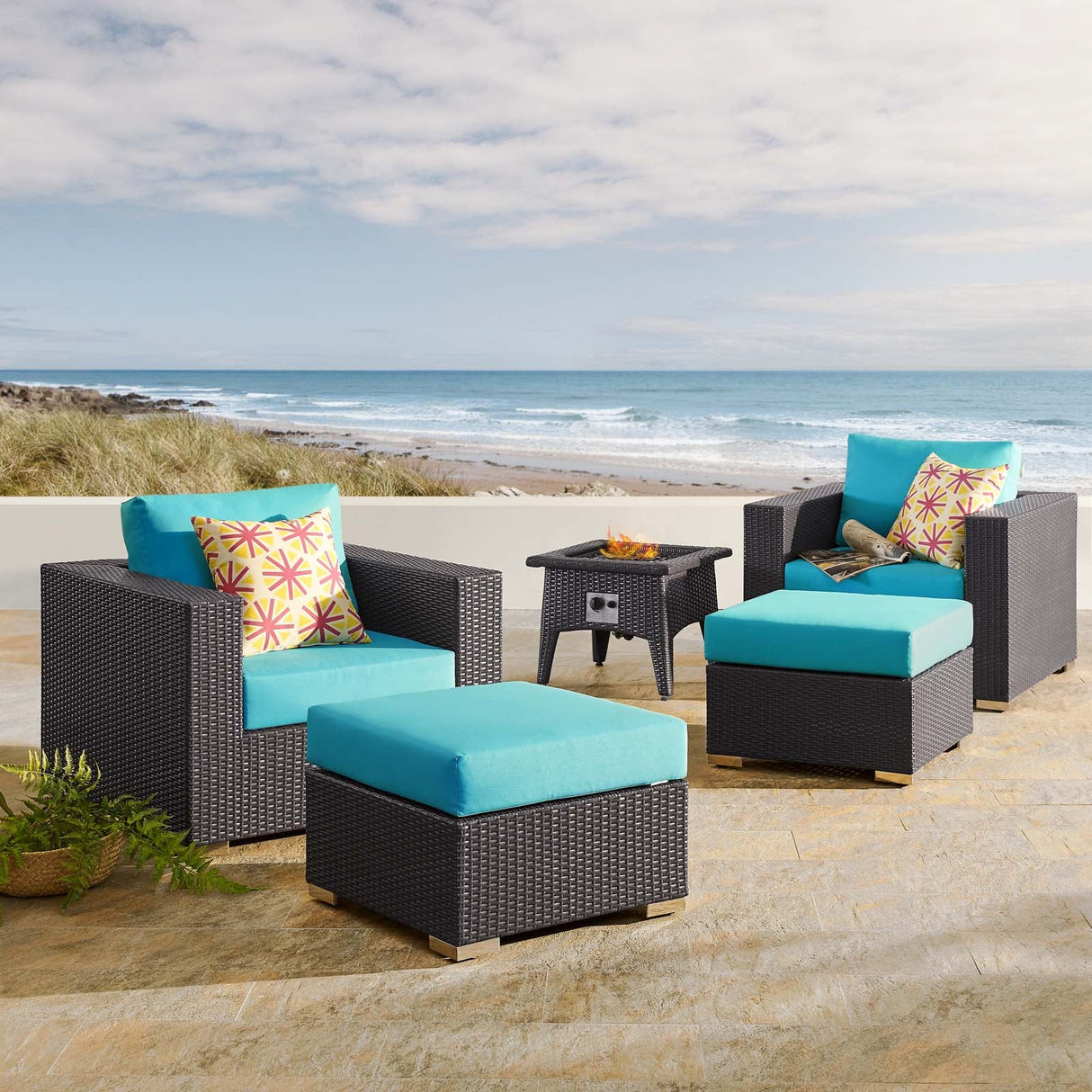 5-Piece Wicker Outdoor Patio Set with Fire Pit and Cushioned Seating Ensemble