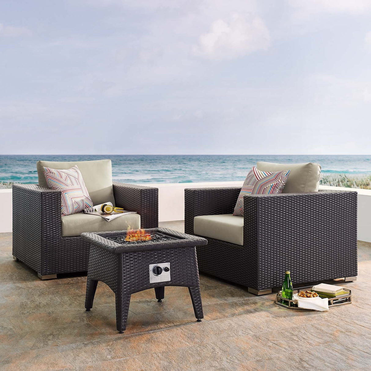 3-Piece Espresso Wicker Outdoor Patio Set with Fire Pit, All-Weather Wicker