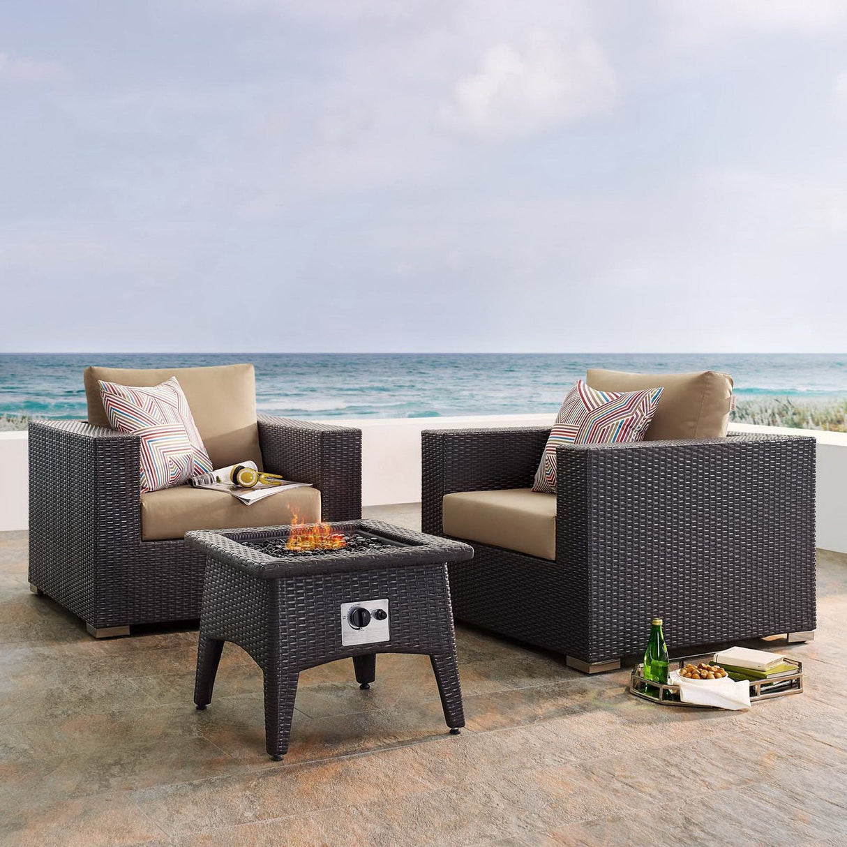 3-Piece Espresso Wicker Outdoor Patio Set with Fire Pit, All-Weather Wicker
