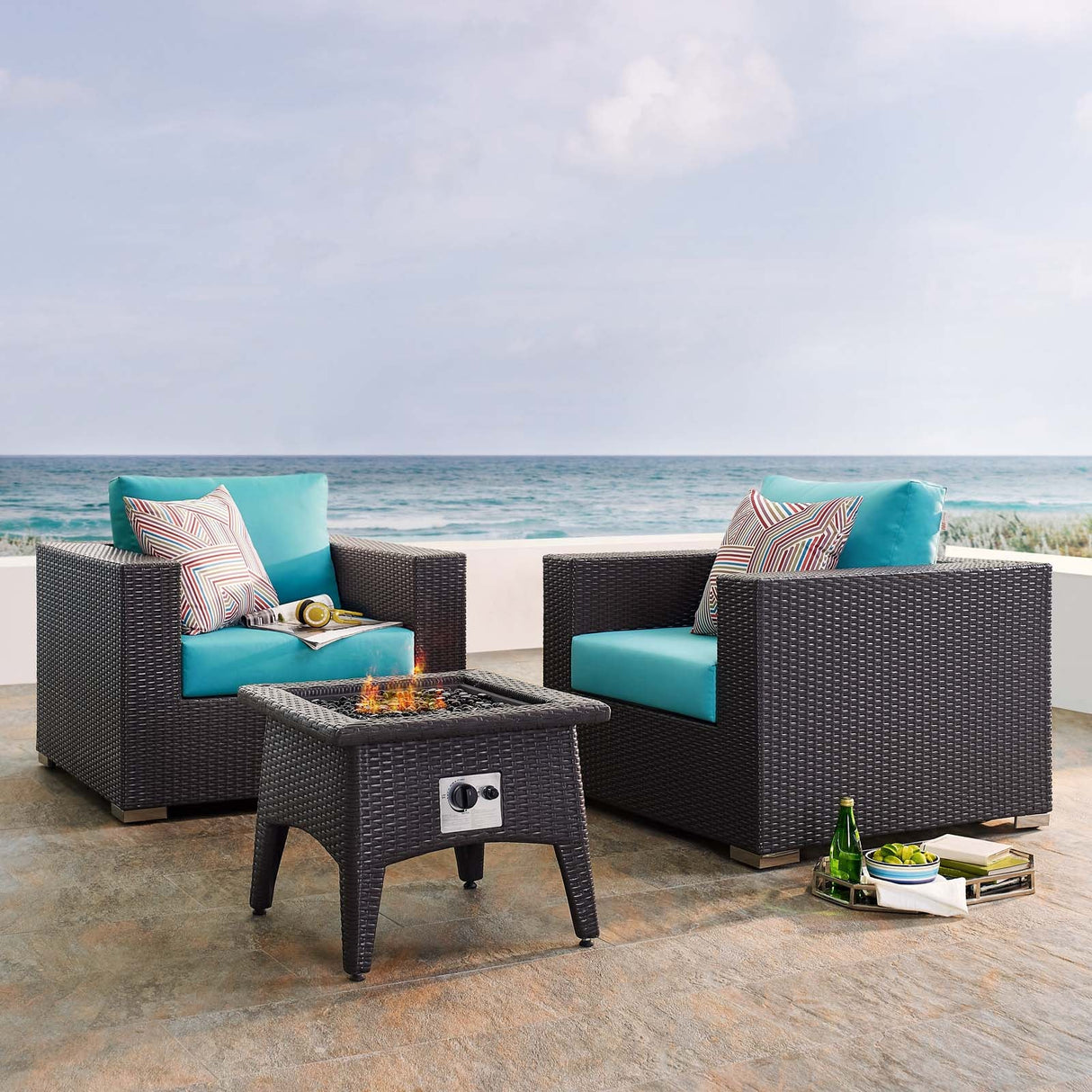 3-Piece Espresso Wicker Outdoor Patio Set with Fire Pit, All-Weather Wicker