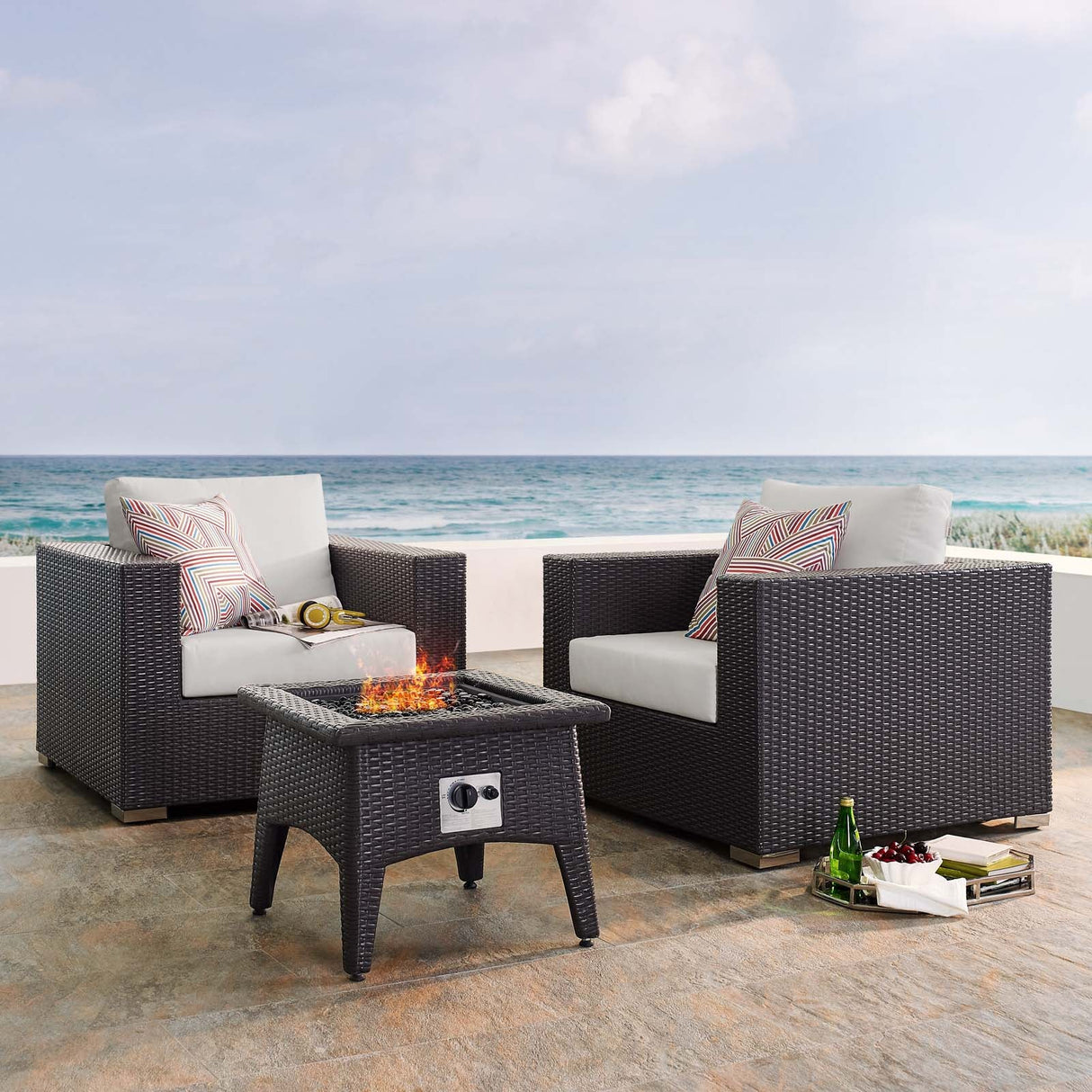 3-Piece Espresso Wicker Outdoor Patio Set with Fire Pit, All-Weather Wicker
