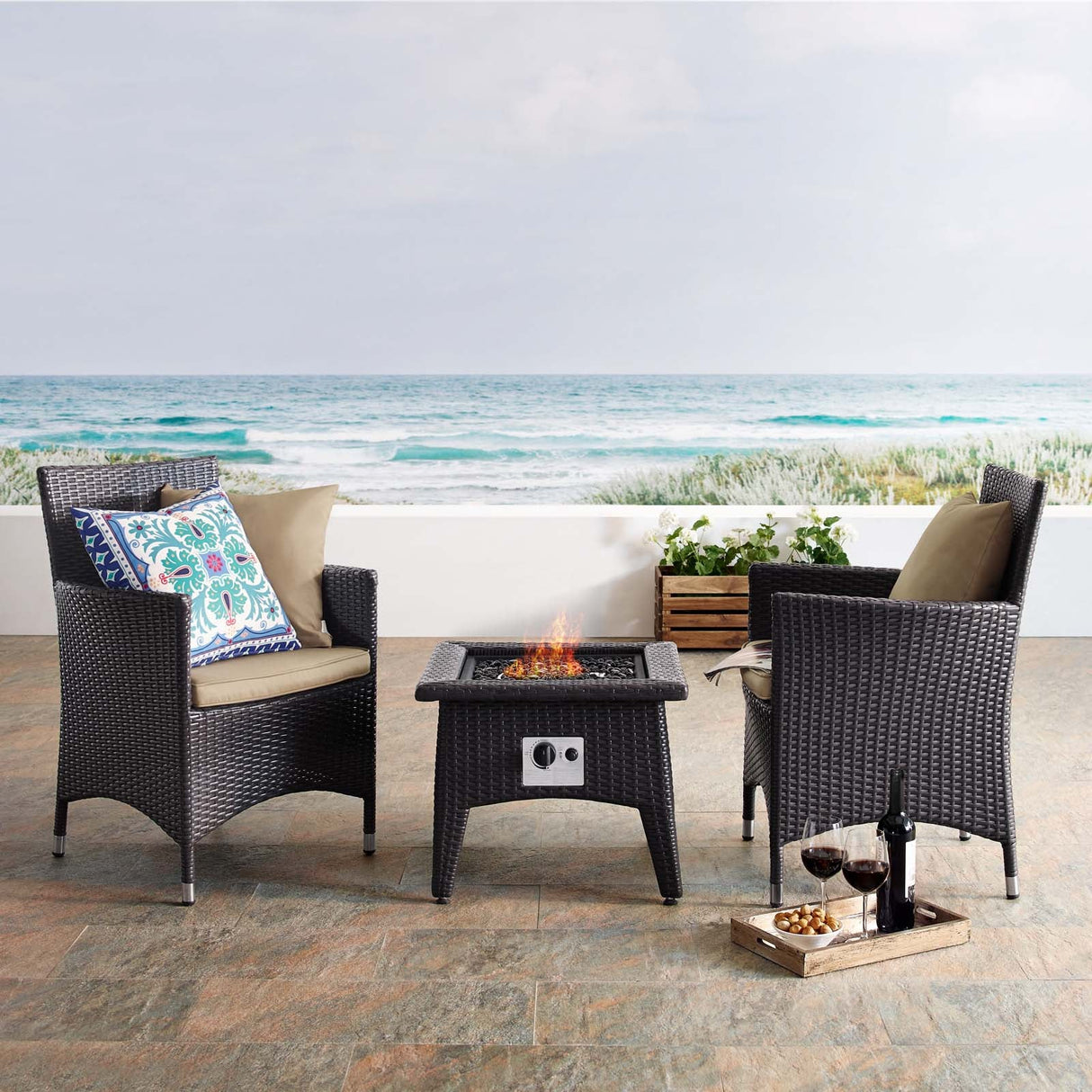 3-Piece Wicker Outdoor Patio Set with Fire Pit for Patio, Deck & Backyard Seating Group