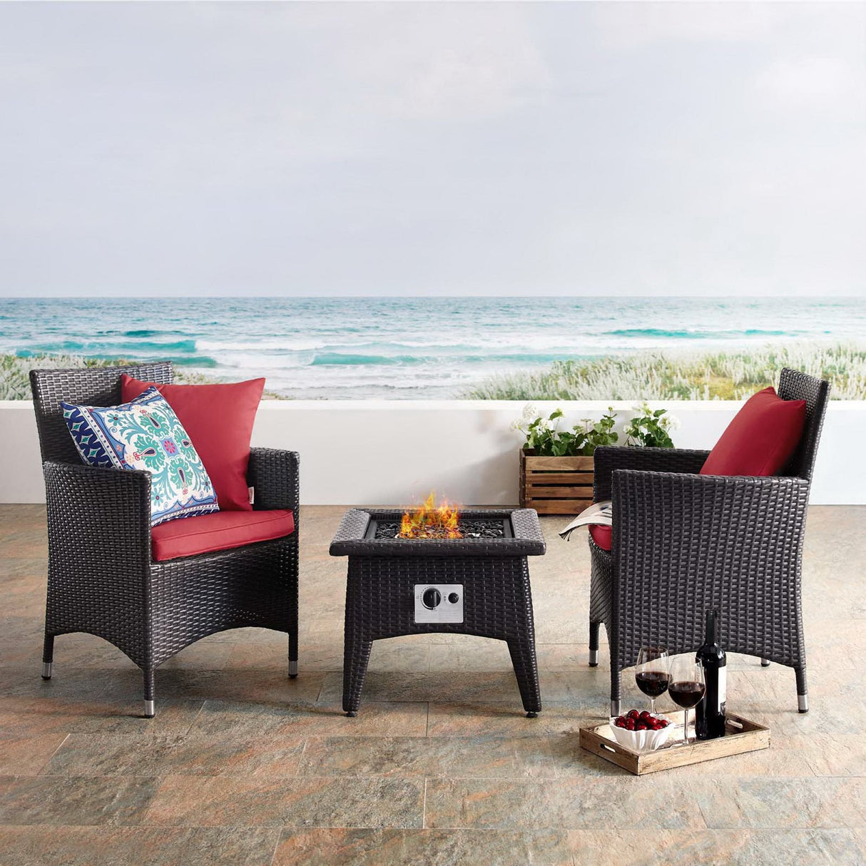 3-Piece Wicker Outdoor Patio Set with Fire Pit for Patio, Deck & Backyard Seating Group