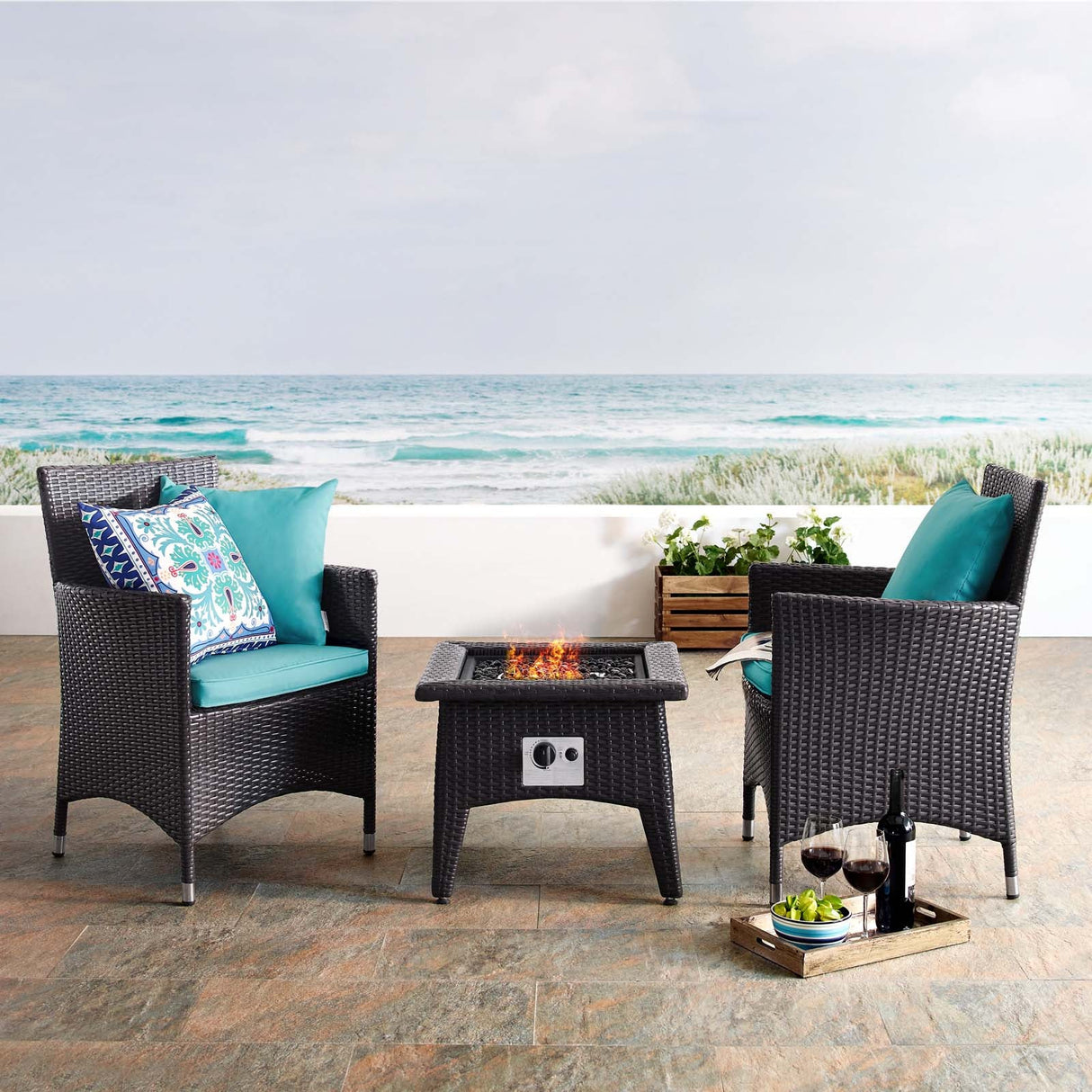 3-Piece Wicker Outdoor Patio Set with Fire Pit for Patio, Deck & Backyard Seating Group