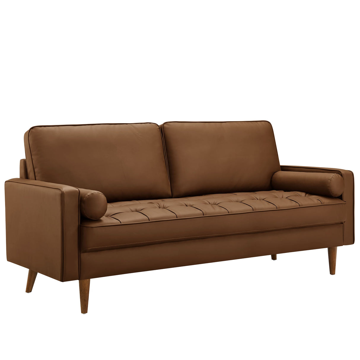 Biscuit Tufted Vegan Leather Sofa with Bolster Pillows in Brown