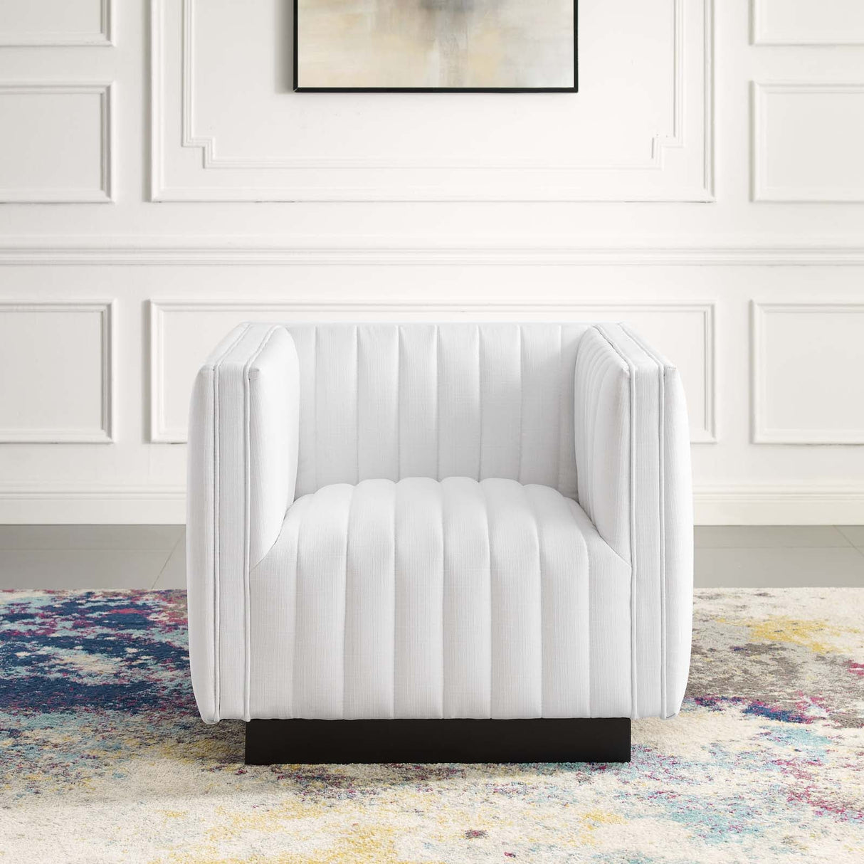 35 Inch Channel Tufted Upholstered Fabric Armchair in White
