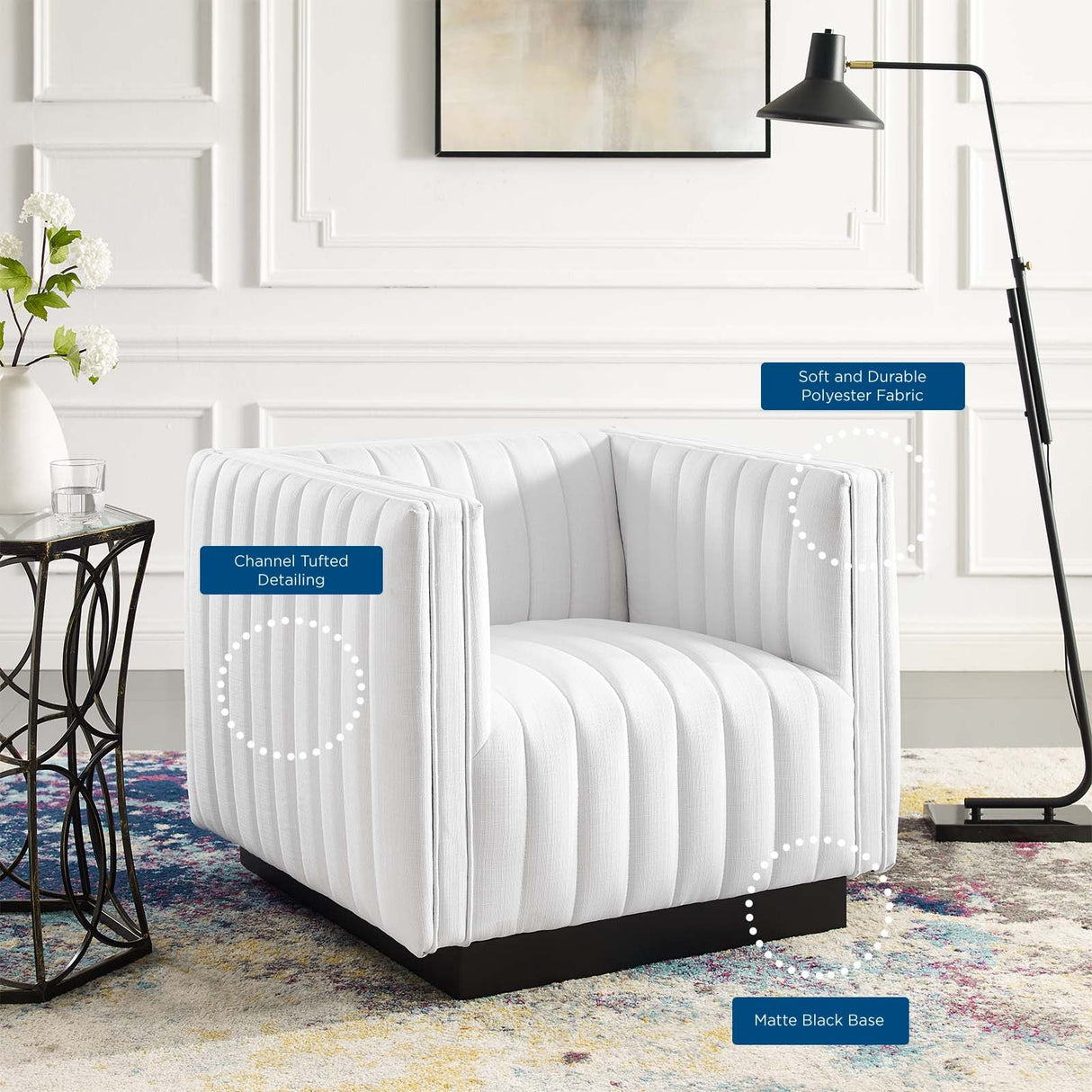 35 Inch Channel Tufted Upholstered Fabric Armchair in White