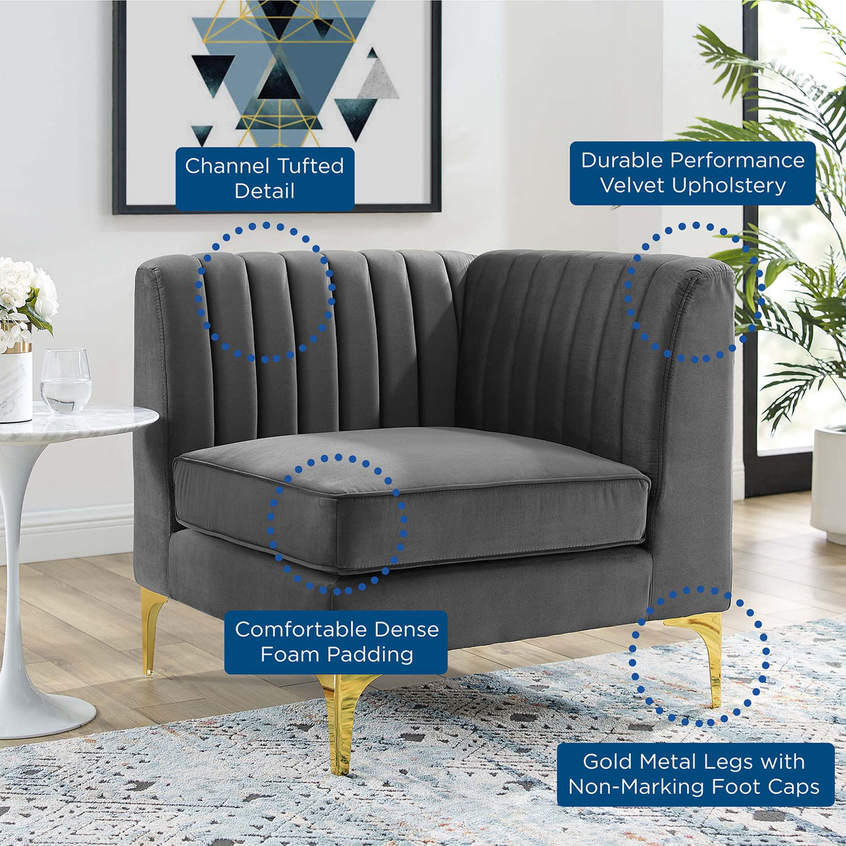 Channel Tufted Performance Velvet Sectional Sofa Corner Chair 32 Inch