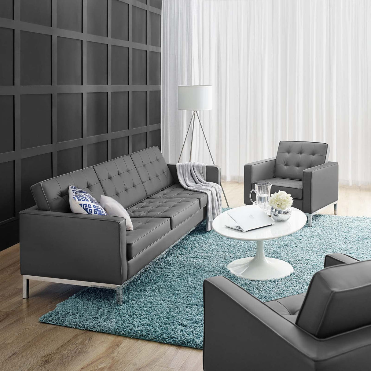 2 Piece 123" Tufted Upholstered Faux Leather Sofa and Armchair Set