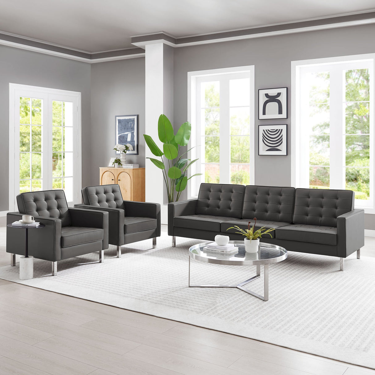 3 Piece 123" Tufted Vegan Leather Furniture Set