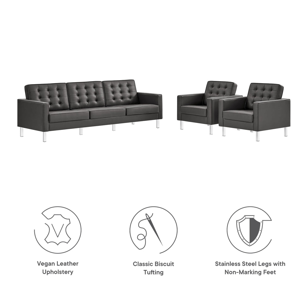 3 Piece 123" Tufted Vegan Leather Furniture Set