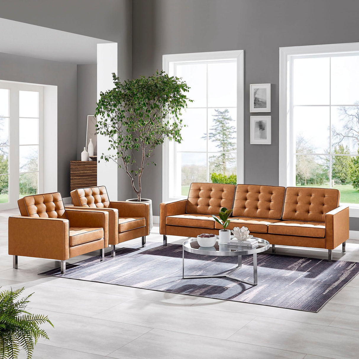 3 Piece 123" Tufted Vegan Leather Furniture Set