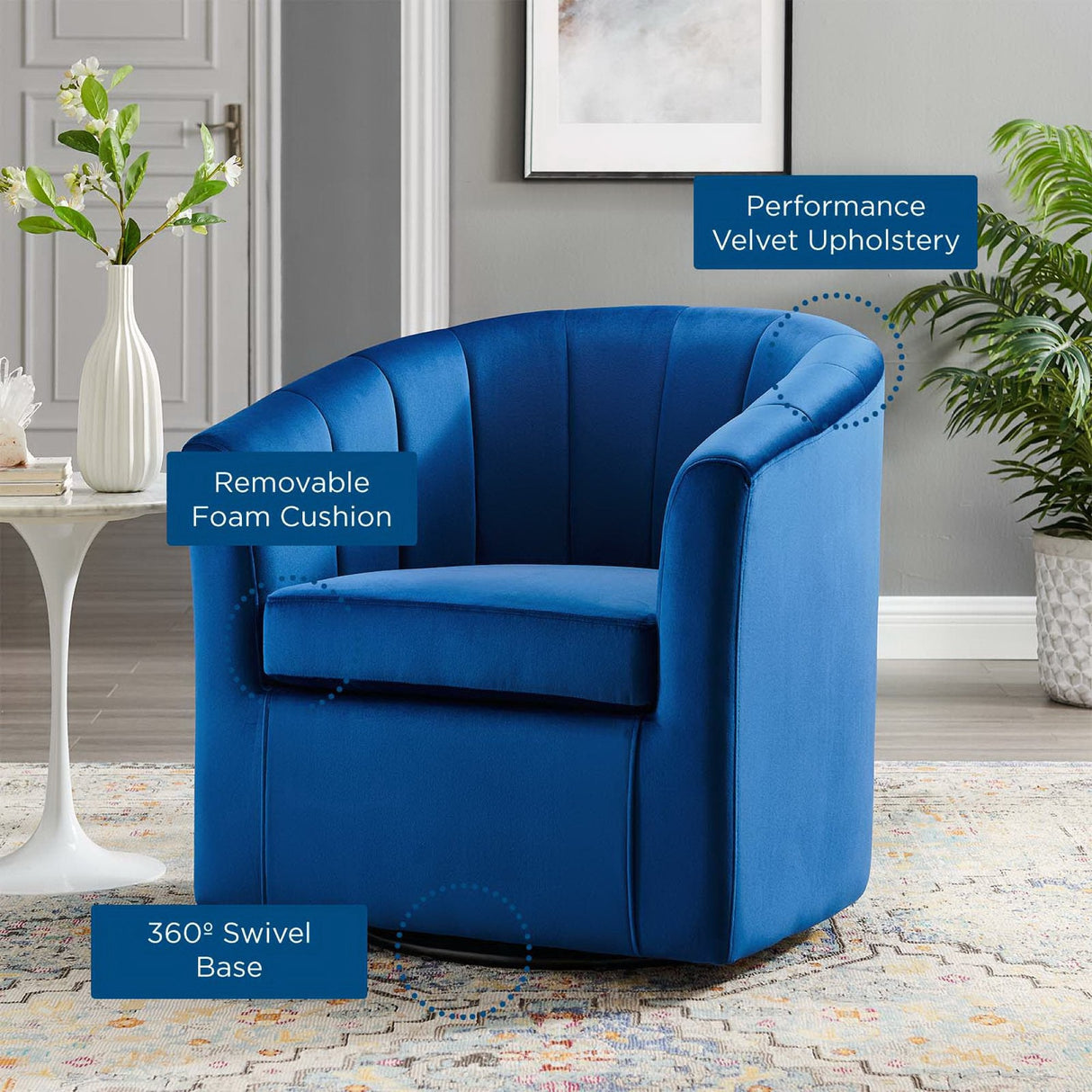 30 Inch Performance Velvet Swivel Barrel Armchair with Channel Tufting