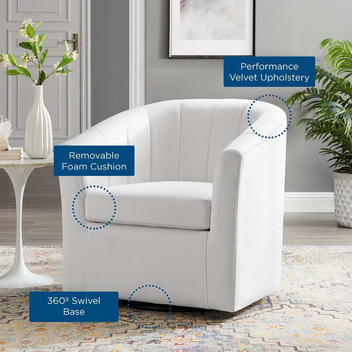 30 Inch Performance Velvet Swivel Barrel Armchair with Channel Tufting