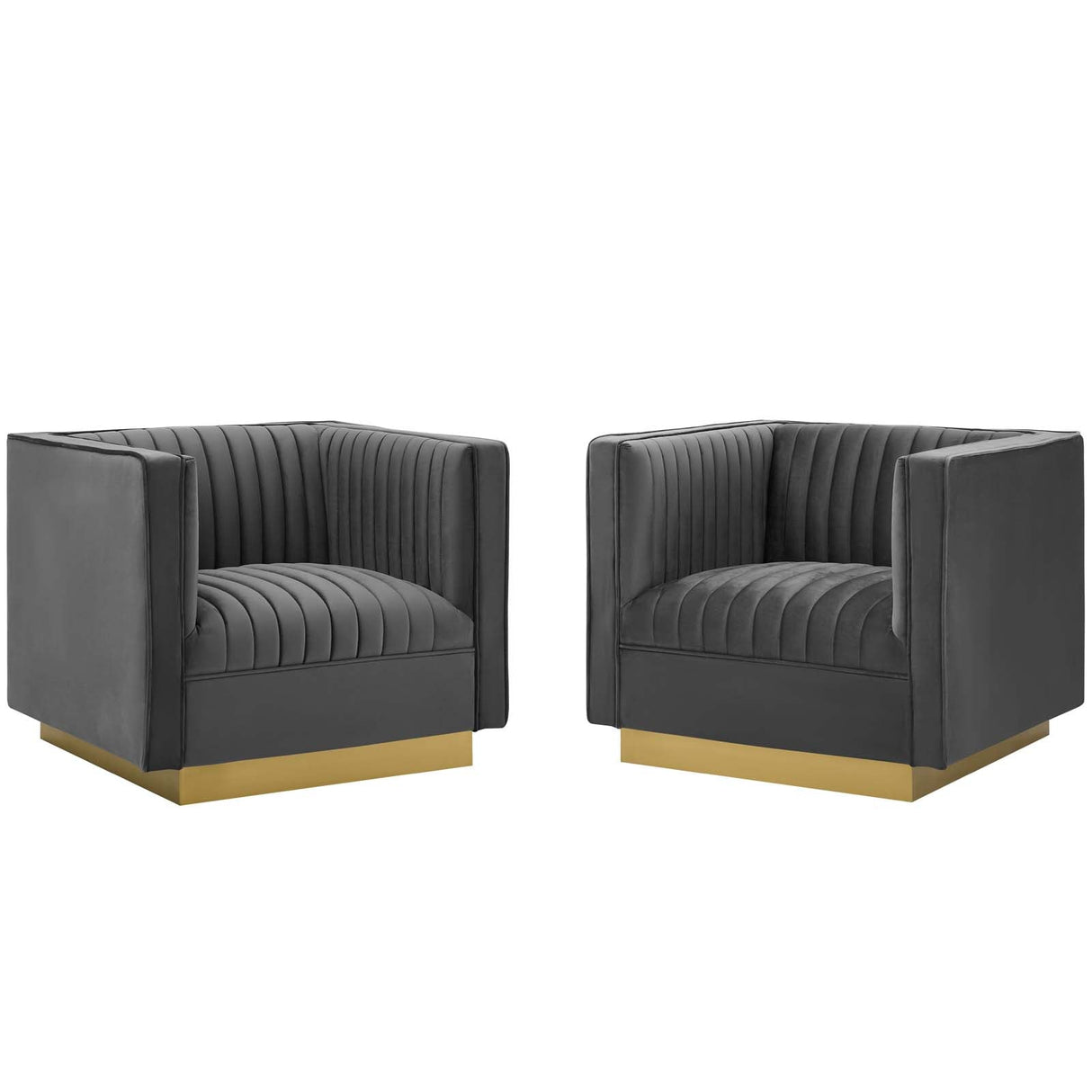 35 Inch Vertical Channel Tufted Performance Velvet Accent Armchair with Gold Base - Set of 2
