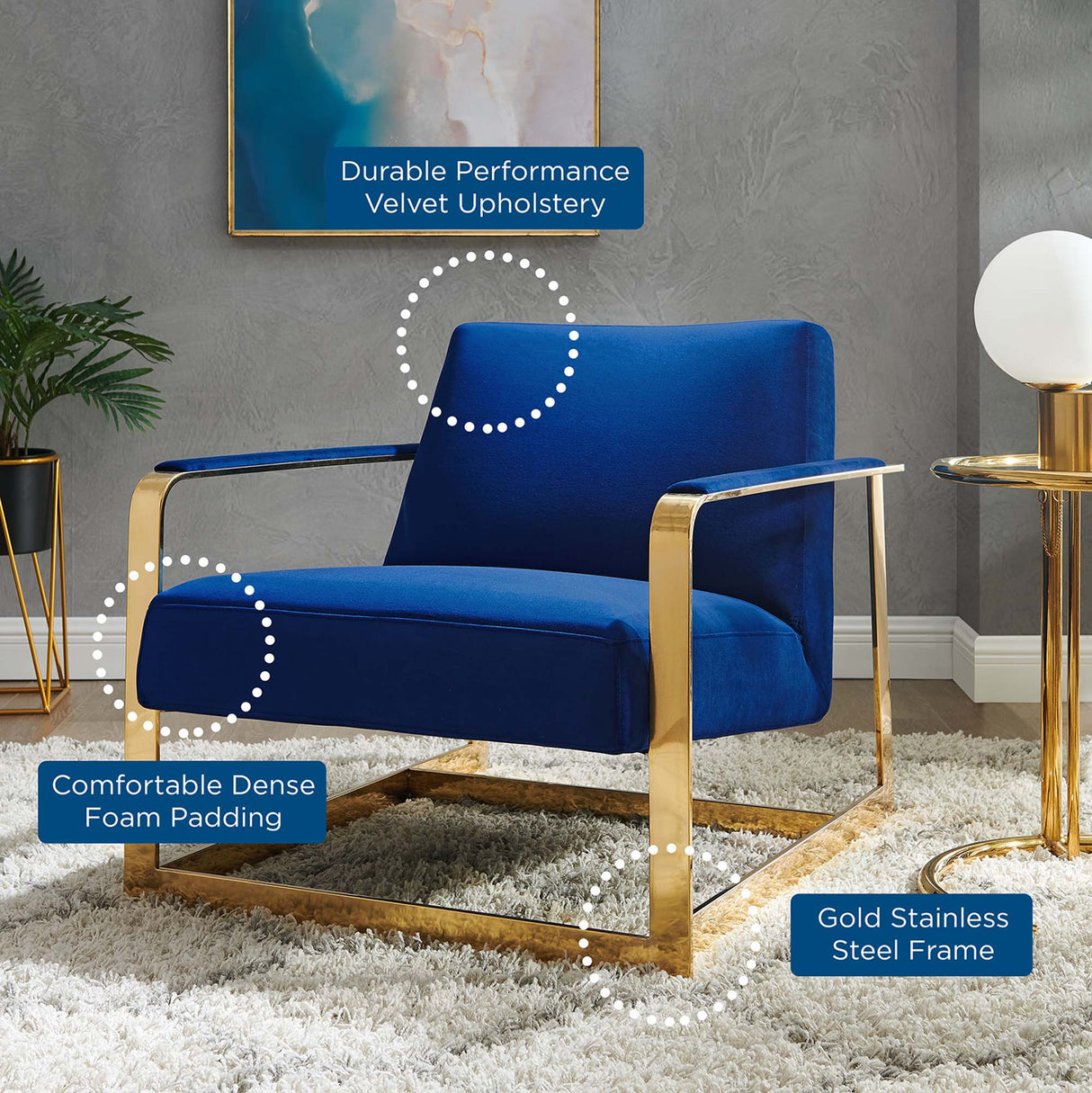 27 Inch Performance Velvet Accent Chair with Coated Steel Frame