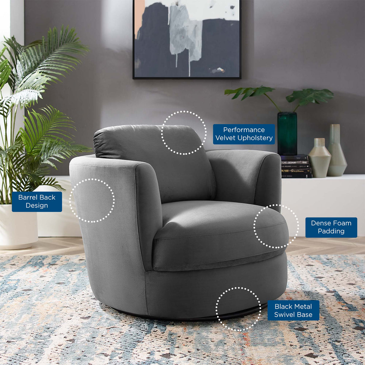 36 Inch Performance Velvet Swivel Barrel Armchair