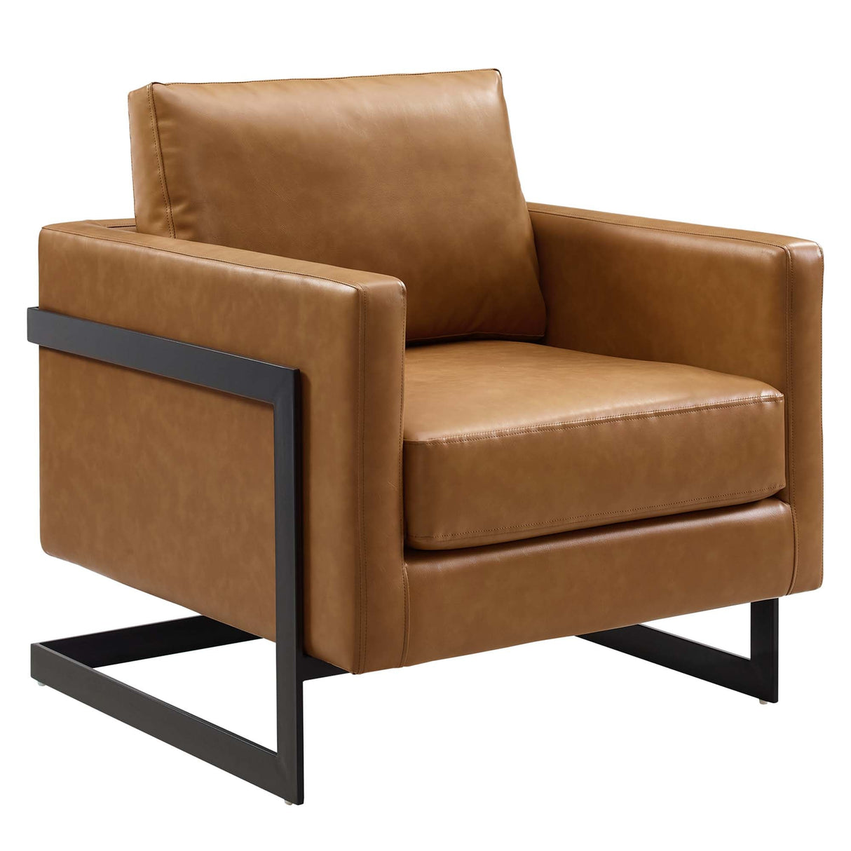32 Inch Vegan Leather Sled Base Accent Chair in Black Tan