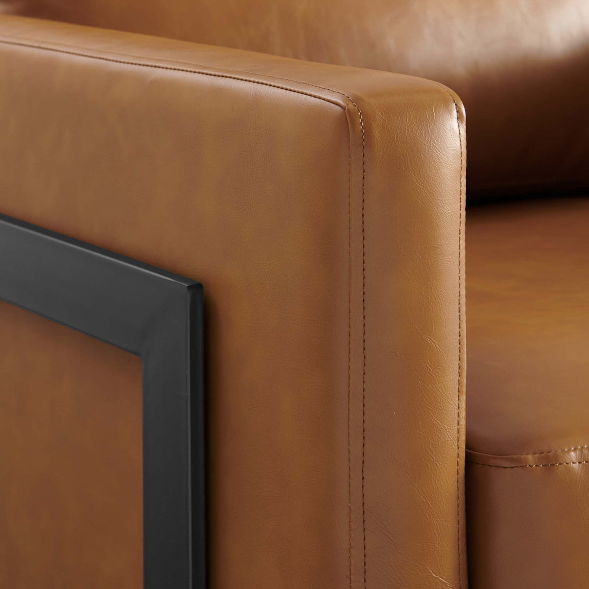 32 Inch Vegan Leather Sled Base Accent Chair in Black Tan