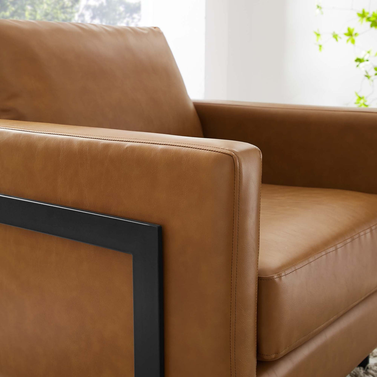 32 Inch Vegan Leather Sled Base Accent Chair in Black Tan