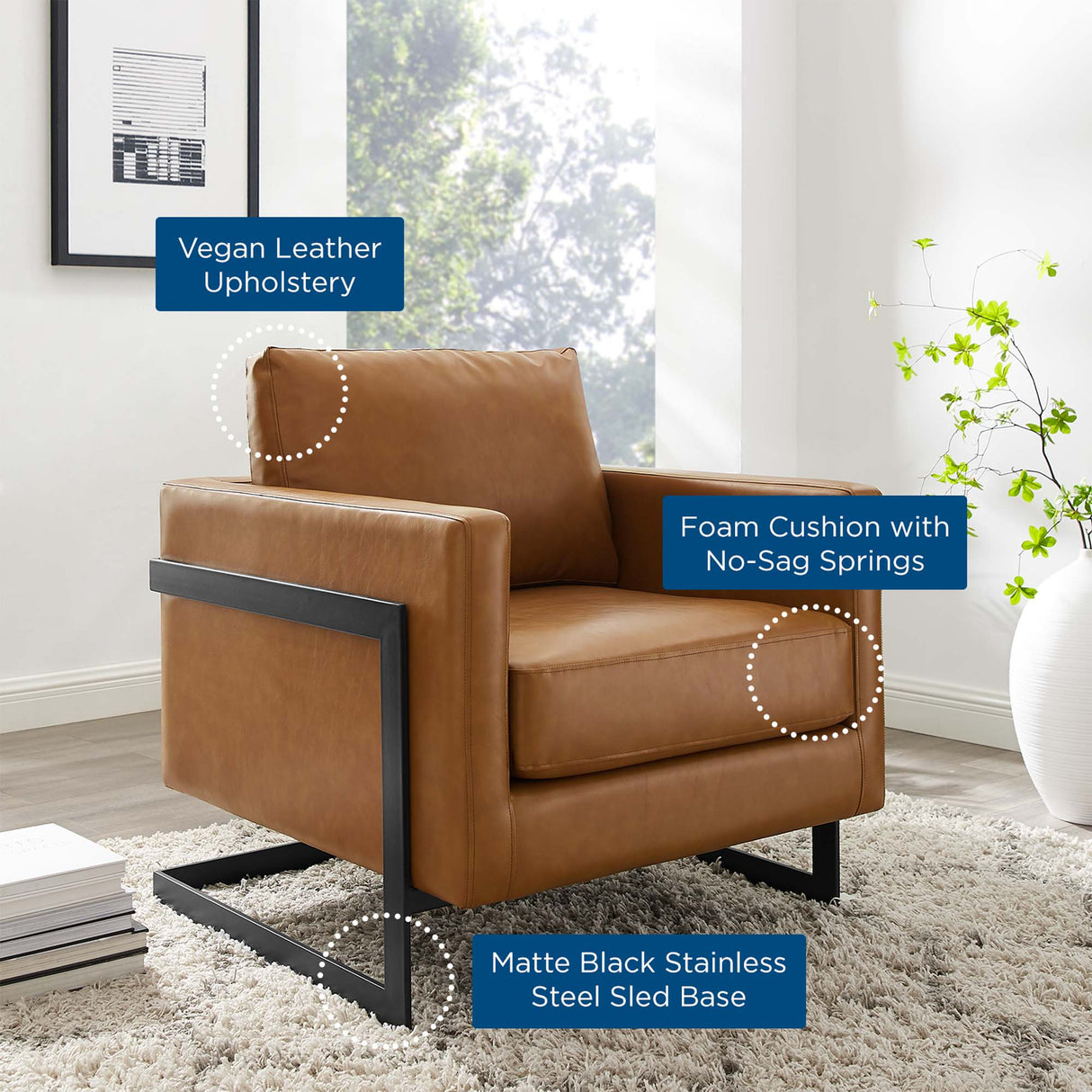32 Inch Vegan Leather Sled Base Accent Chair in Black Tan