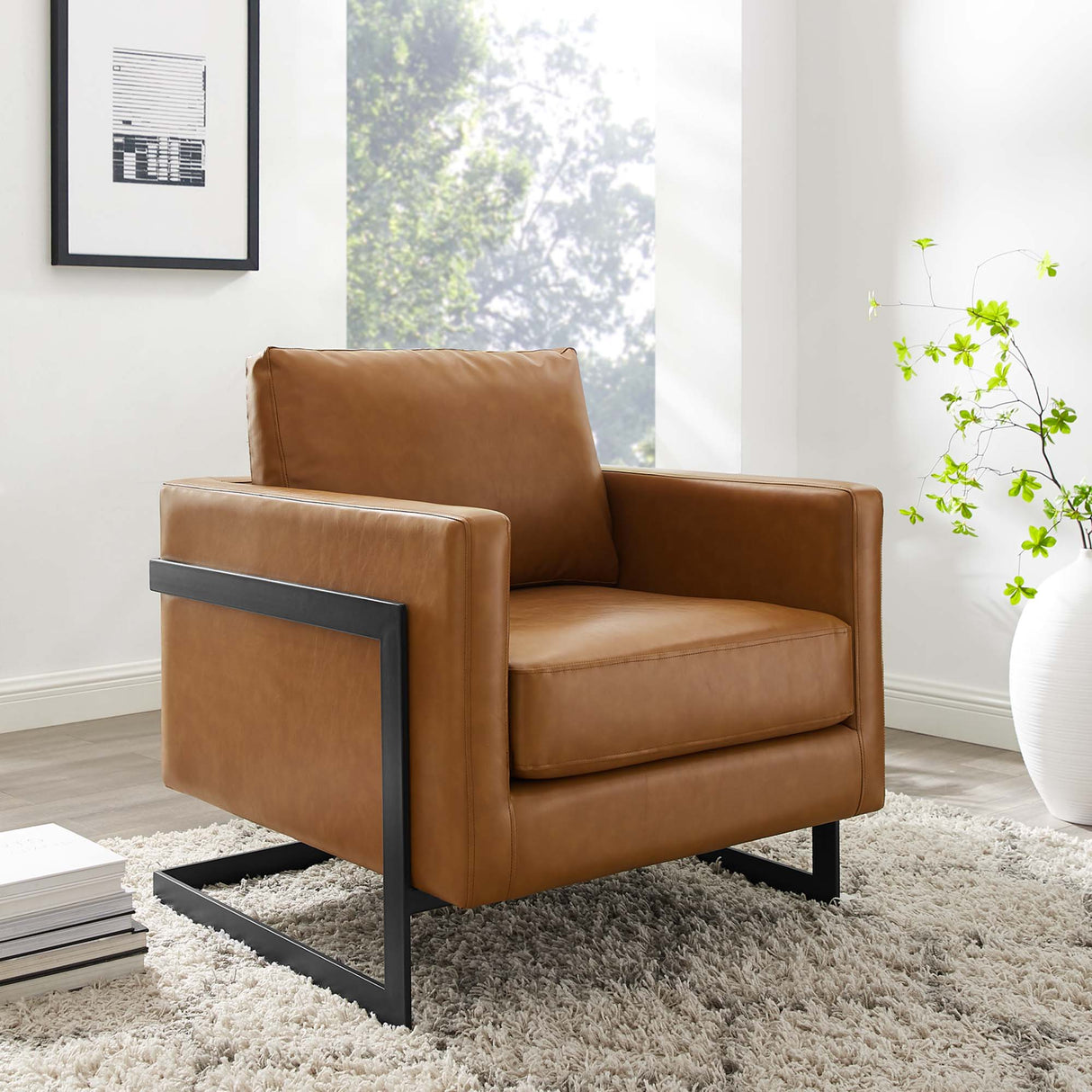 32 Inch Vegan Leather Sled Base Accent Chair in Black Tan