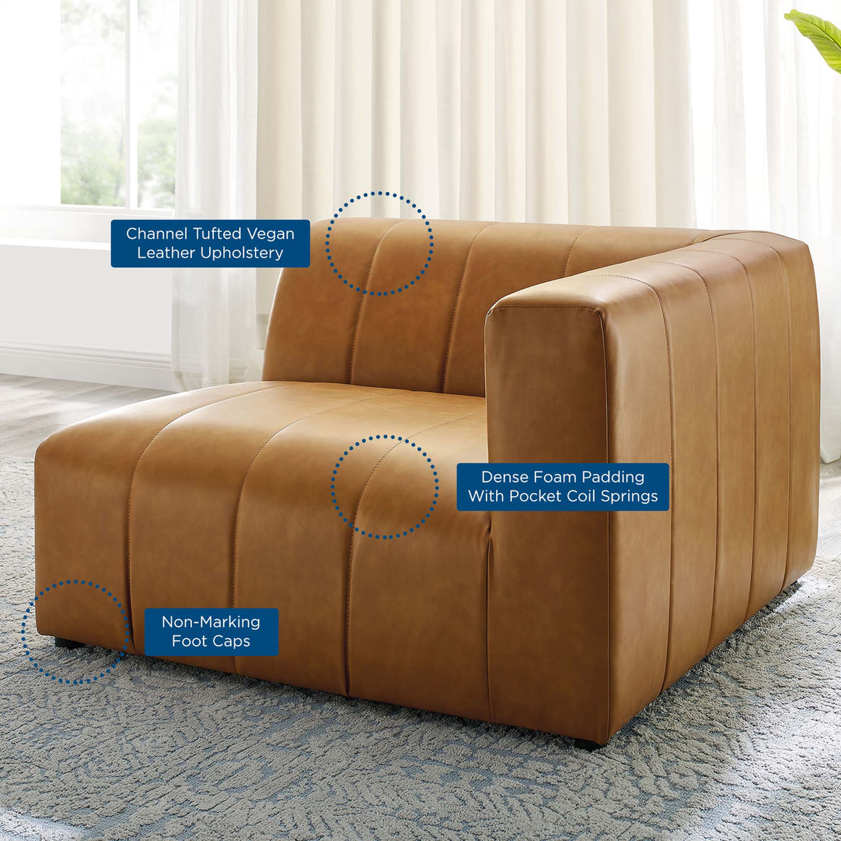 Vegan Leather Right-Arm Chair in Tan - 44 Inch