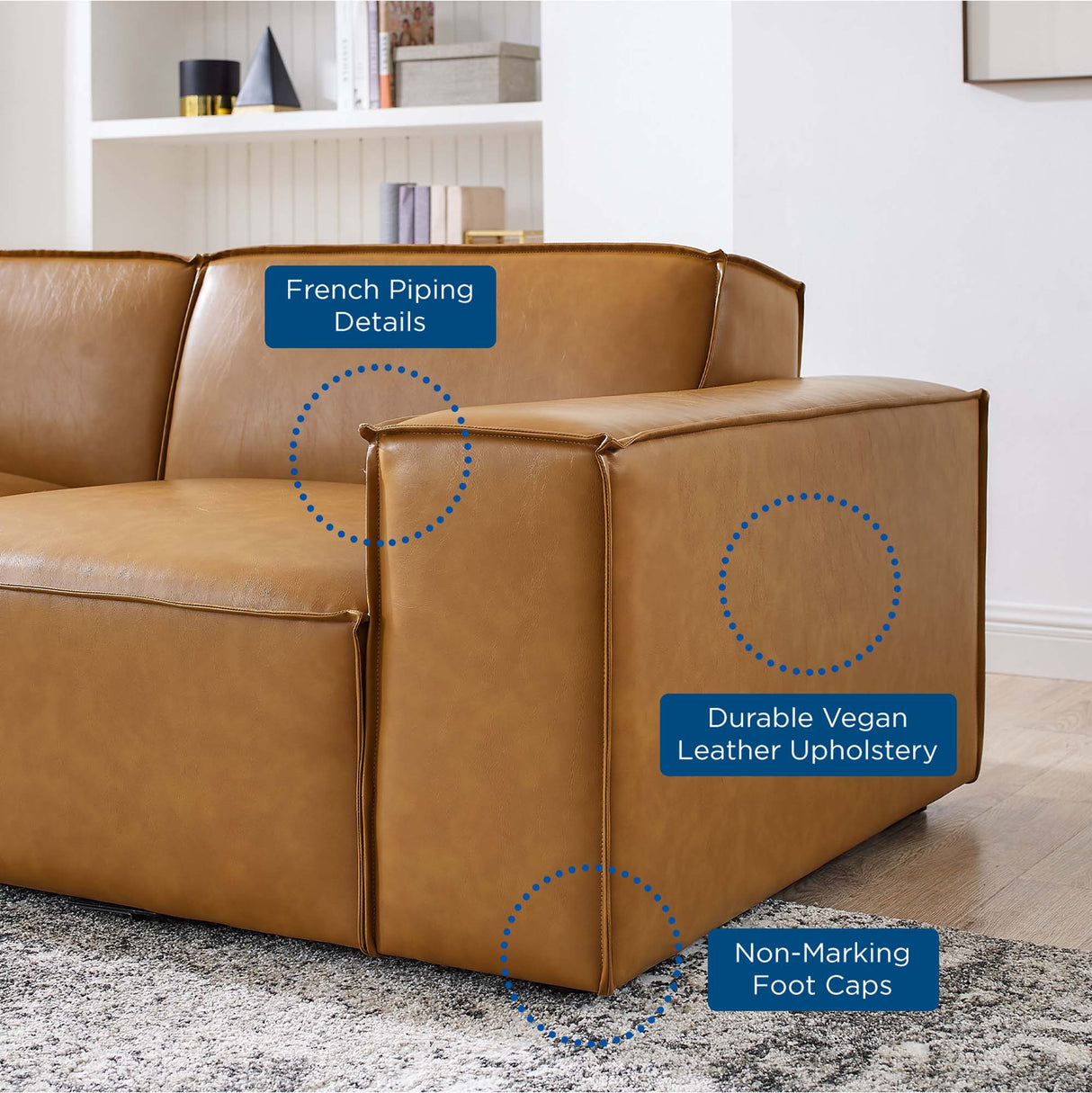 3-Piece Vegan Leather French Piping Sofa 123 Inch in Tan