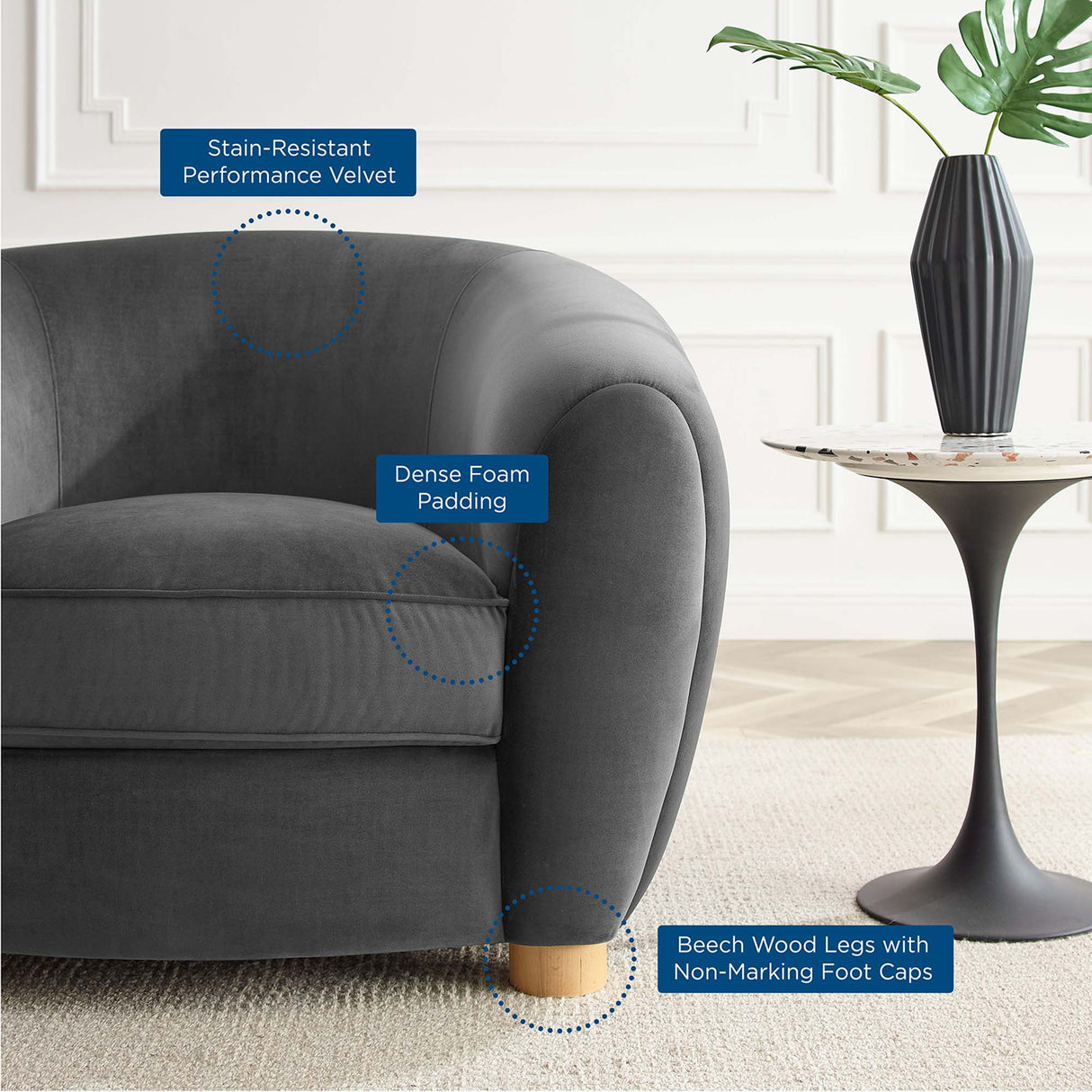 42 Inch Performance Velvet Armchair with Beech Wood Legs