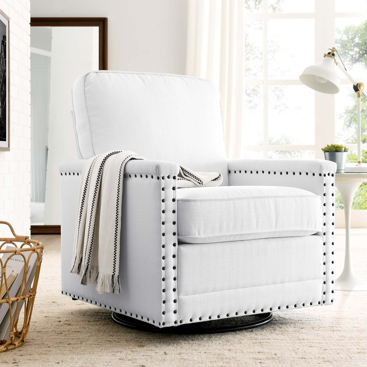 32 Inch Upholstered Fabric Swivel Chair with Nailhead Trim