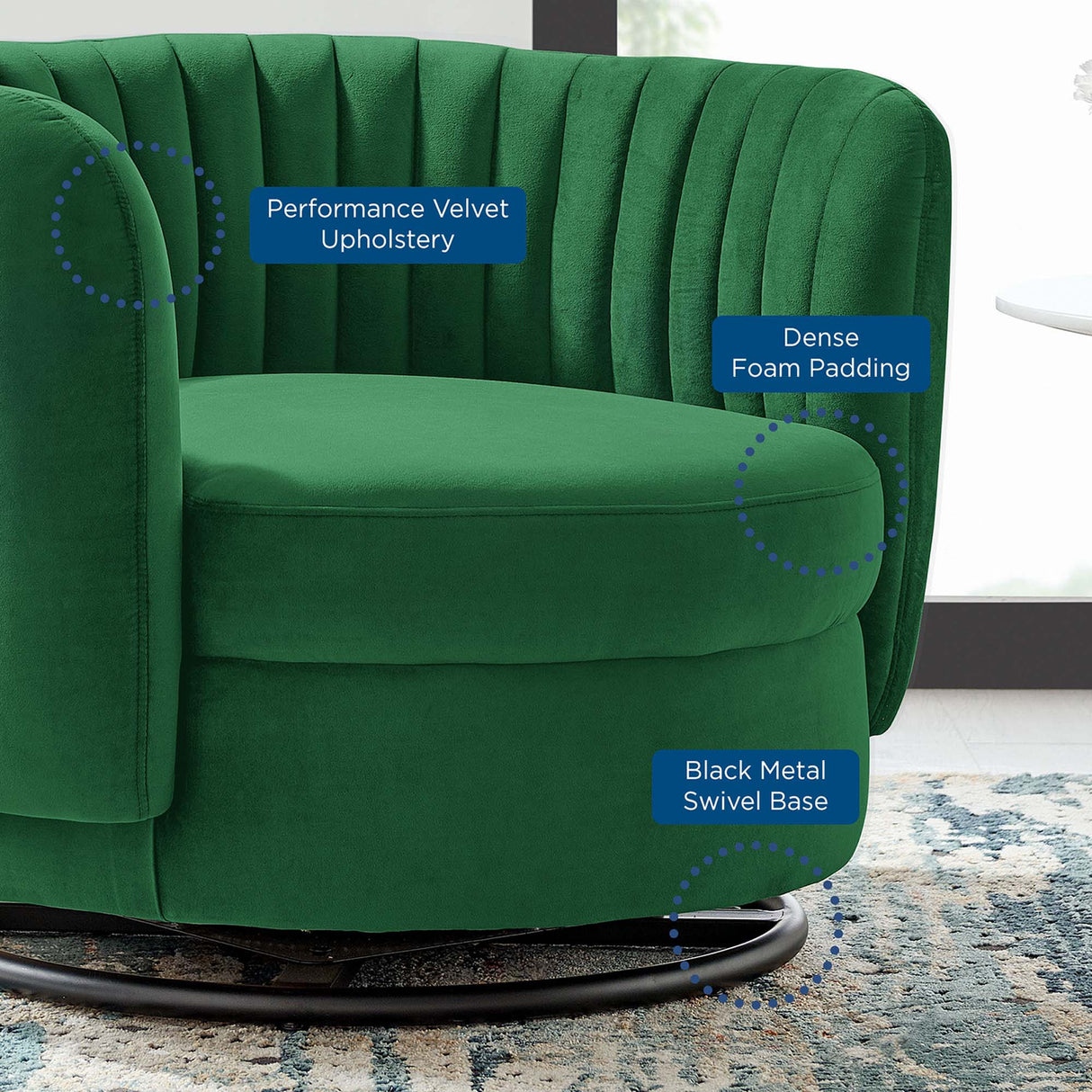 34 Inch Vertical Channel Tufted Performance Velvet Swivel Accent Chair with Black Metal Base