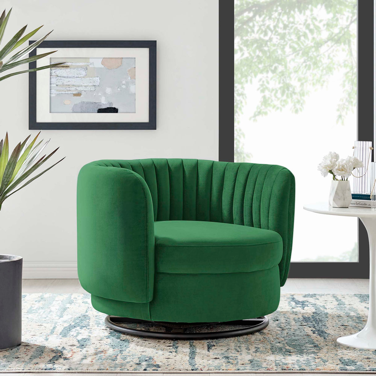 34 Inch Vertical Channel Tufted Performance Velvet Swivel Accent Chair with Black Metal Base