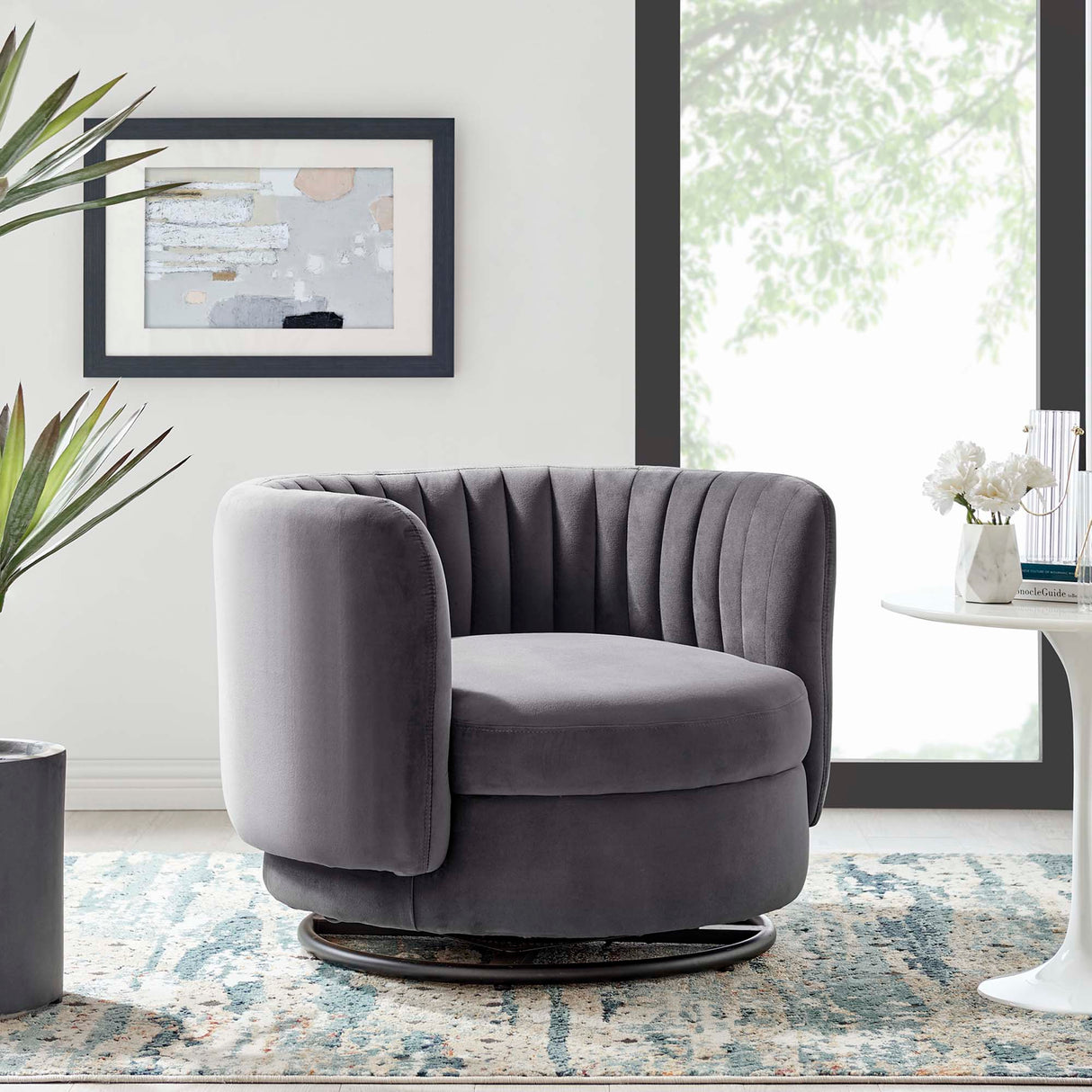 34 Inch Vertical Channel Tufted Performance Velvet Swivel Accent Chair with Black Metal Base
