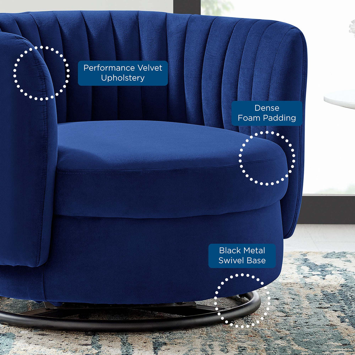34 Inch Vertical Channel Tufted Performance Velvet Swivel Accent Chair with Black Metal Base