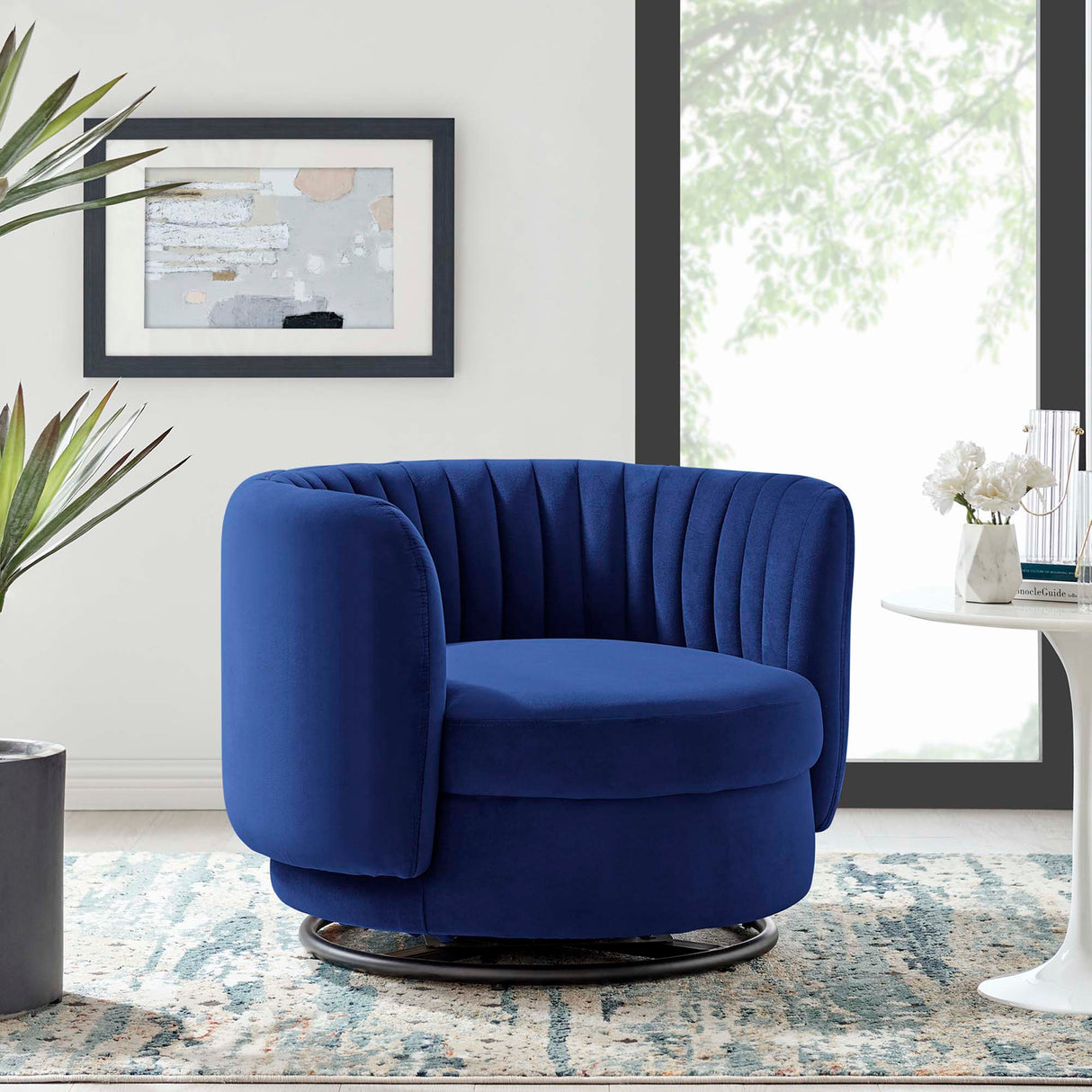 34 Inch Vertical Channel Tufted Performance Velvet Swivel Accent Chair with Black Metal Base