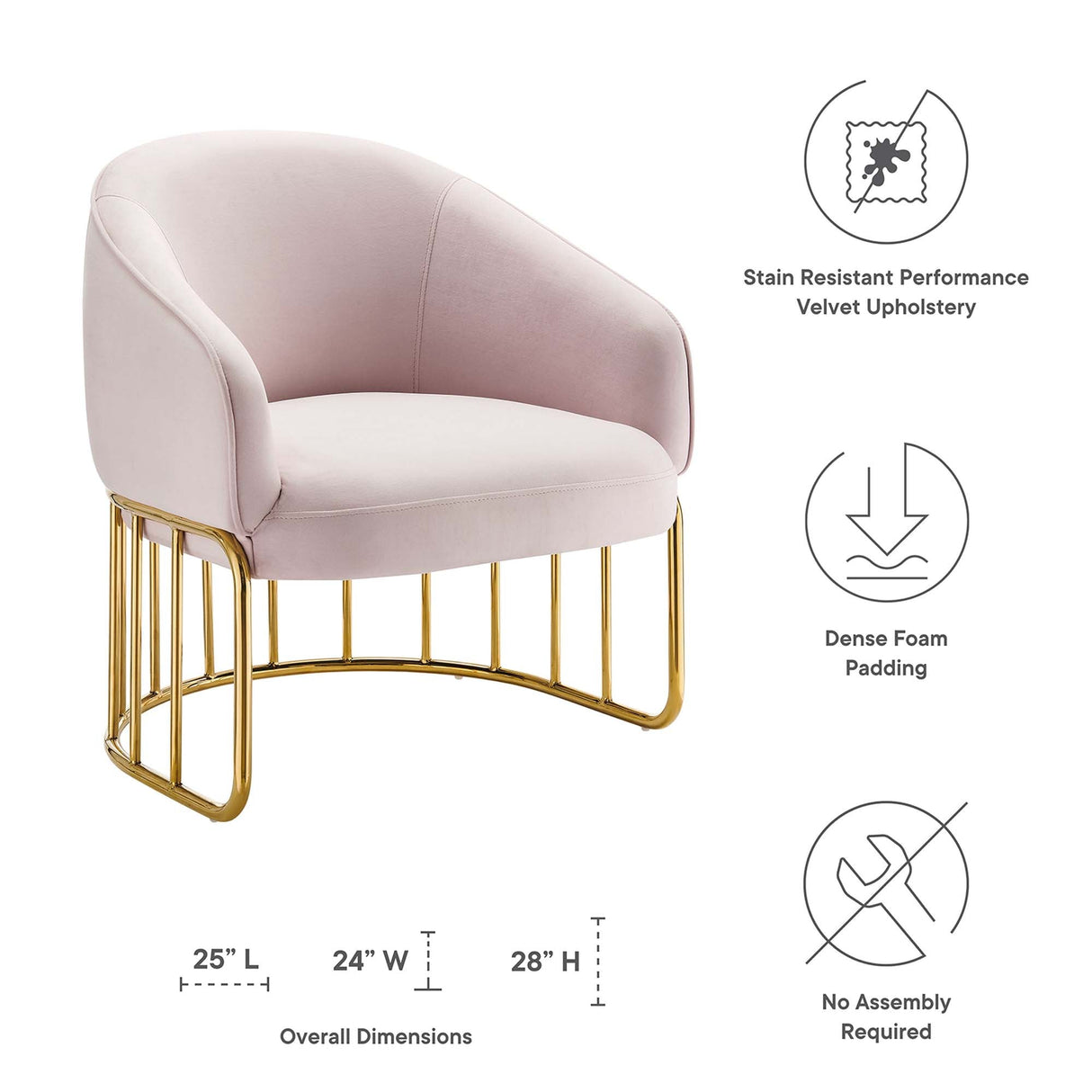 24 Inch Performance Velvet Armchair with Gold Stainless Steel Base