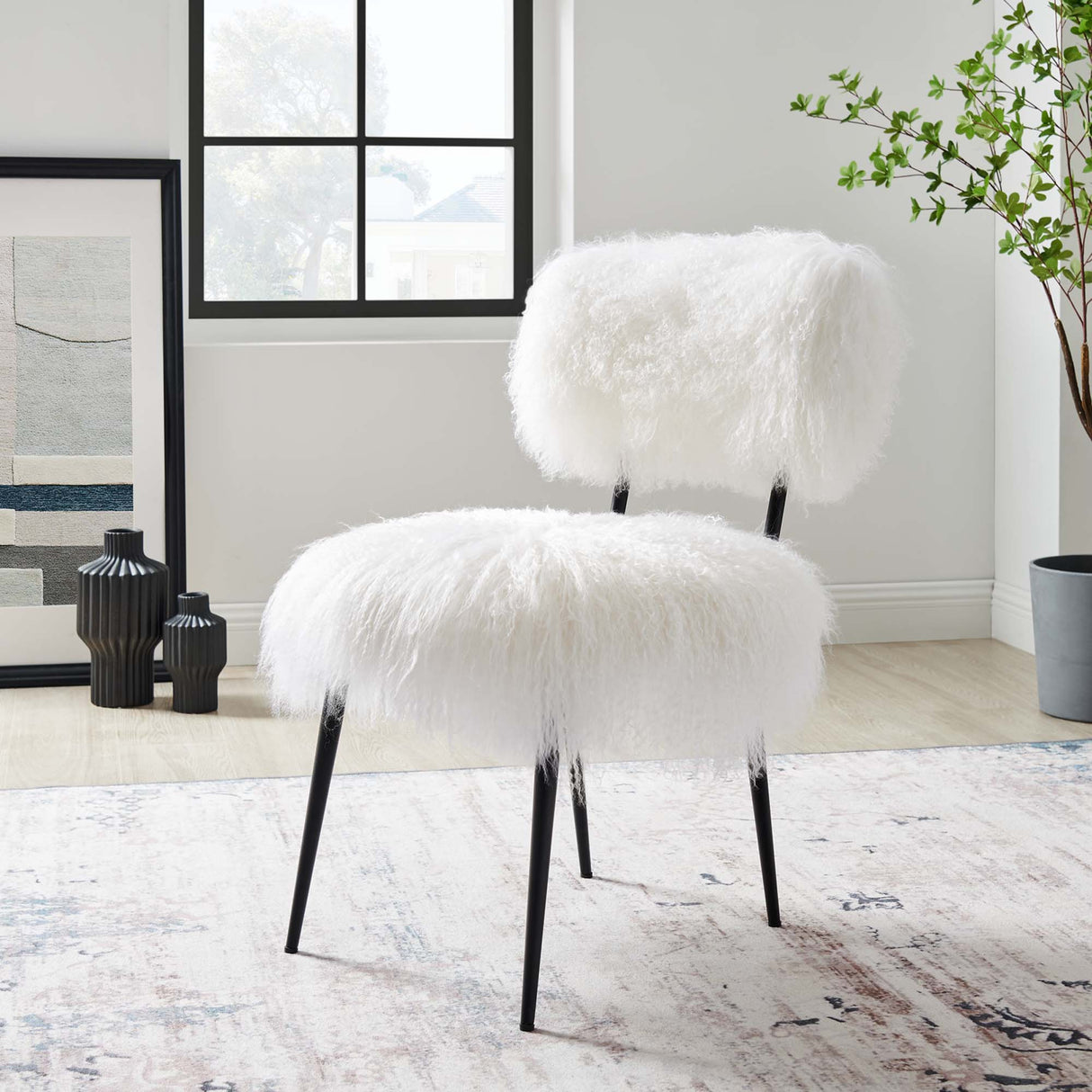 22 Inch Mid-Century Sheepskin Accent Chair in White