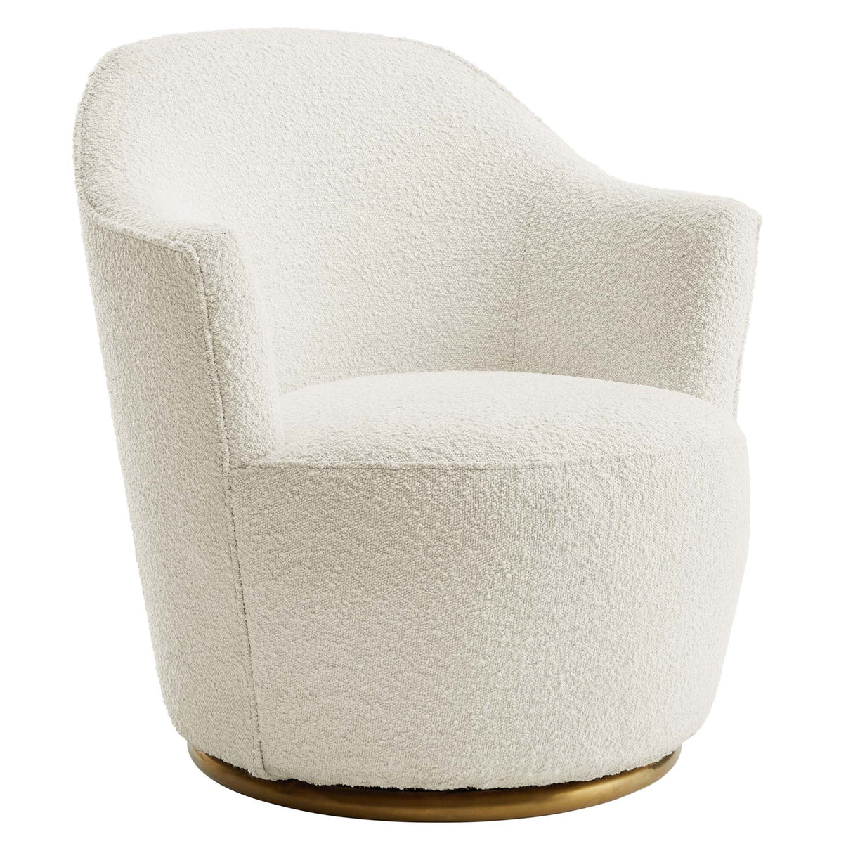 30 Inch Boucle Upholstered Swivel Chair in White with Gold Base