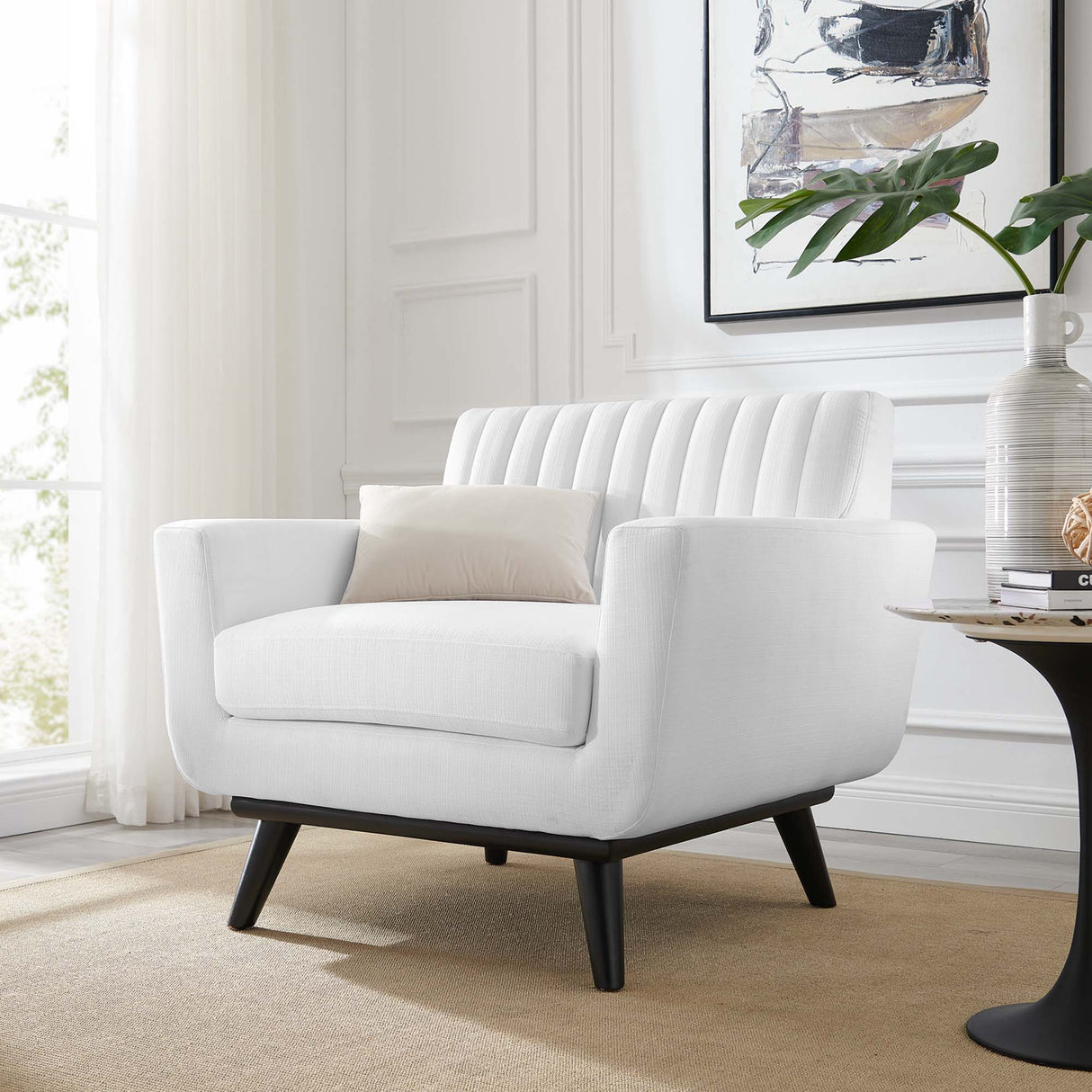 36 Inch Channel Tufted Upholstered Fabric Armchair in White