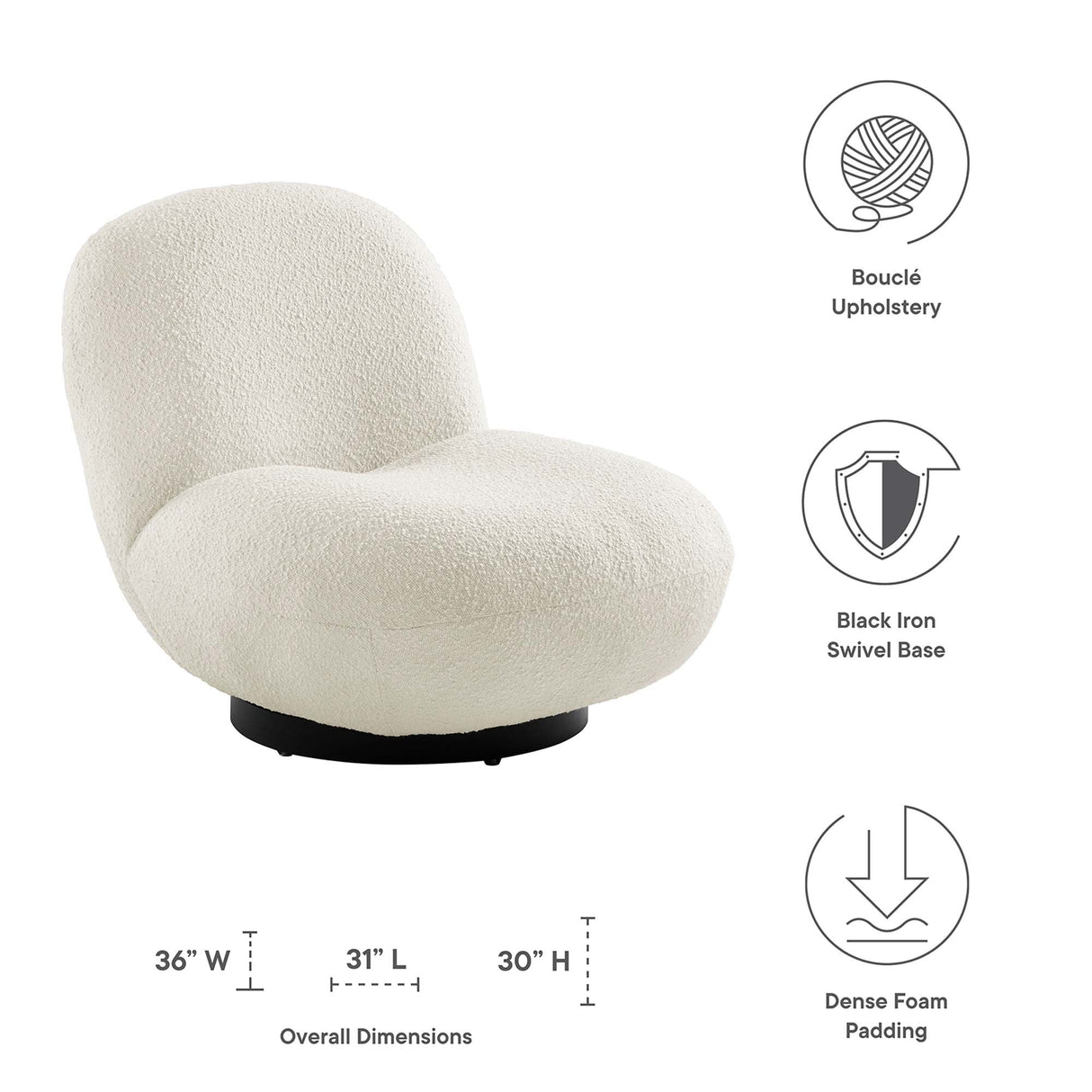 31 Inch Boucle Fabric Swivel Chair in Ivory