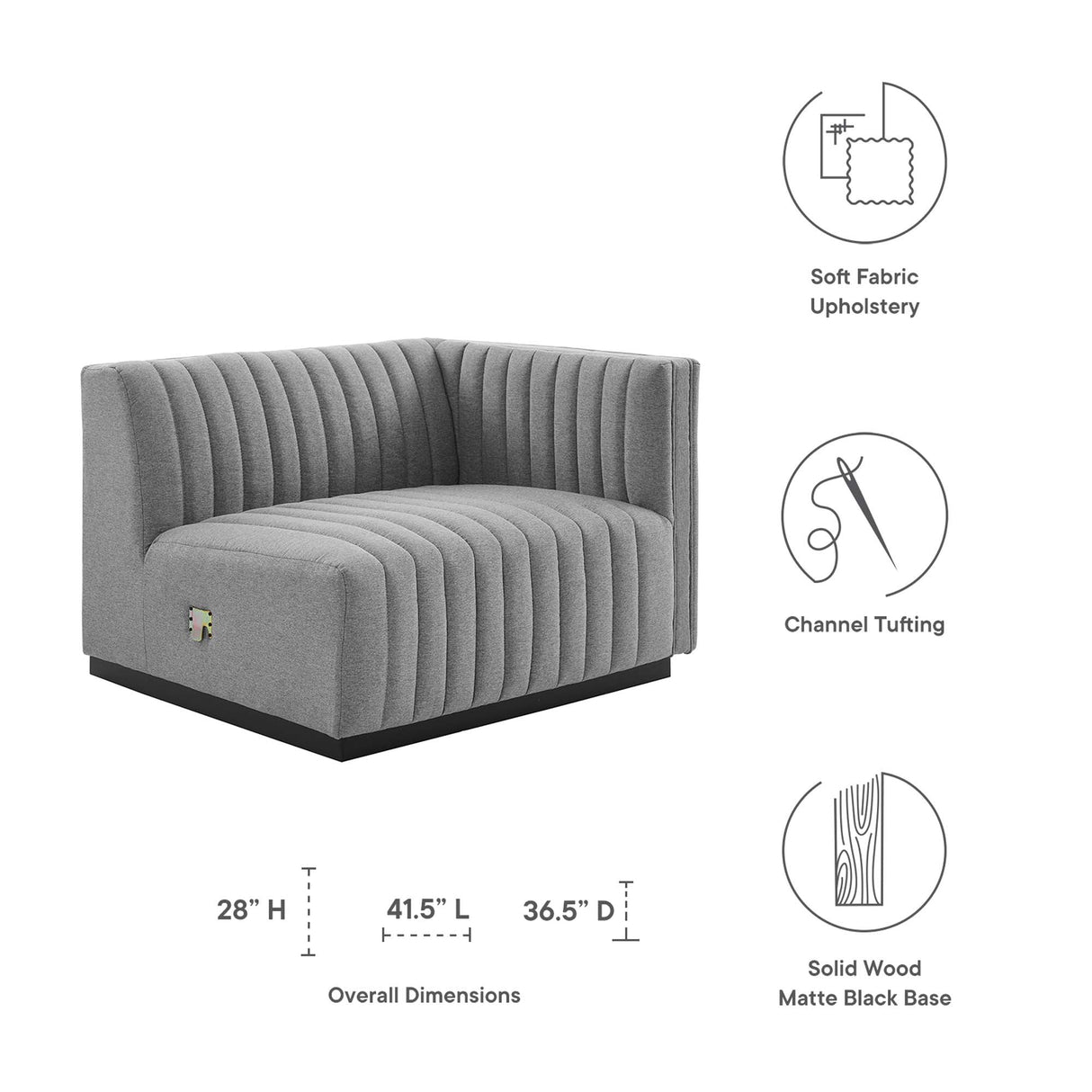 Channel Tufted Upholstered Fabric Right-Arm Sectional Chair 37 Inch