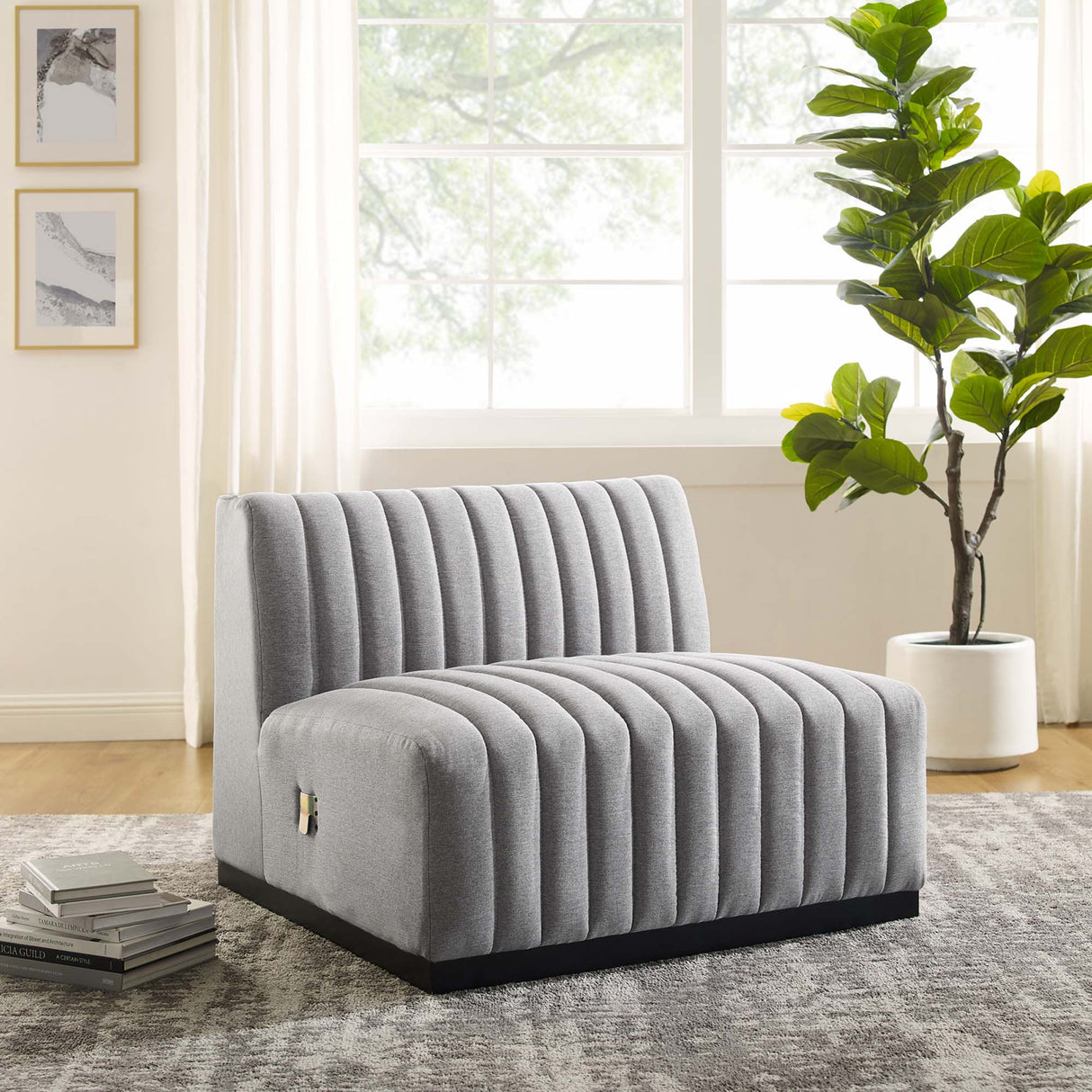 Modern Channel Tufted Upholstered Fabric Armless Chair - 37 Inch