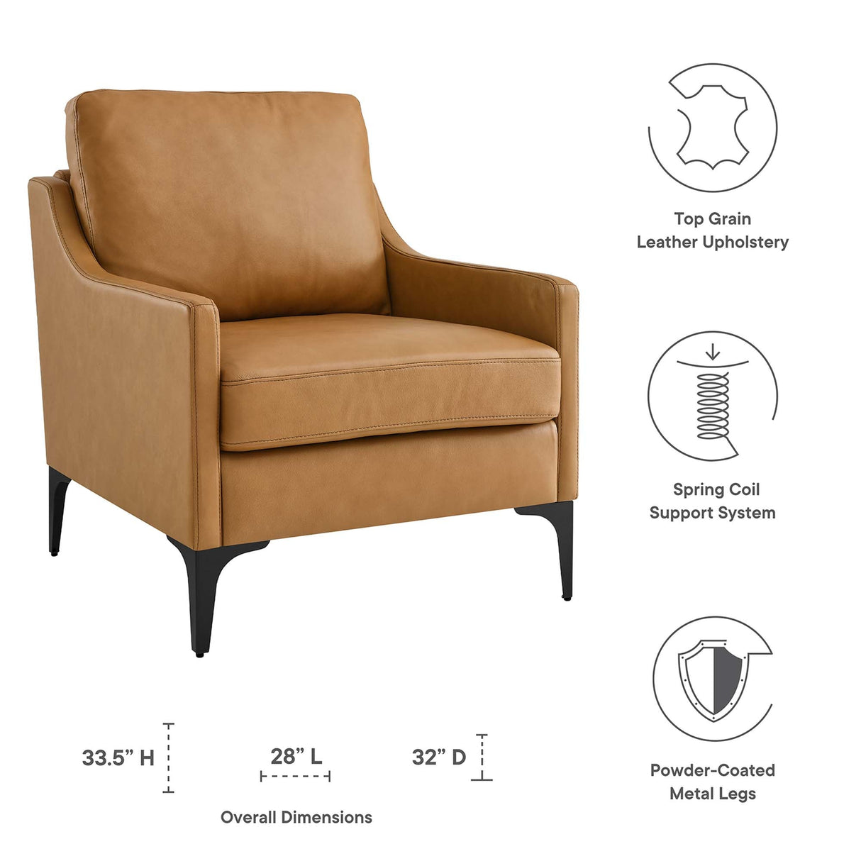 28 Inch Mid-Century Modern Top-Grain Leather Armchair