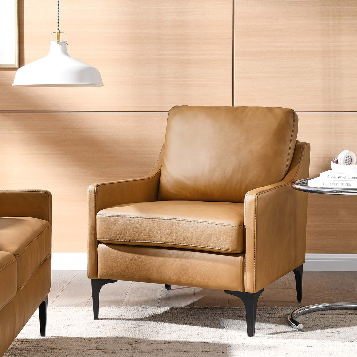 28 Inch Mid-Century Modern Top-Grain Leather Armchair
