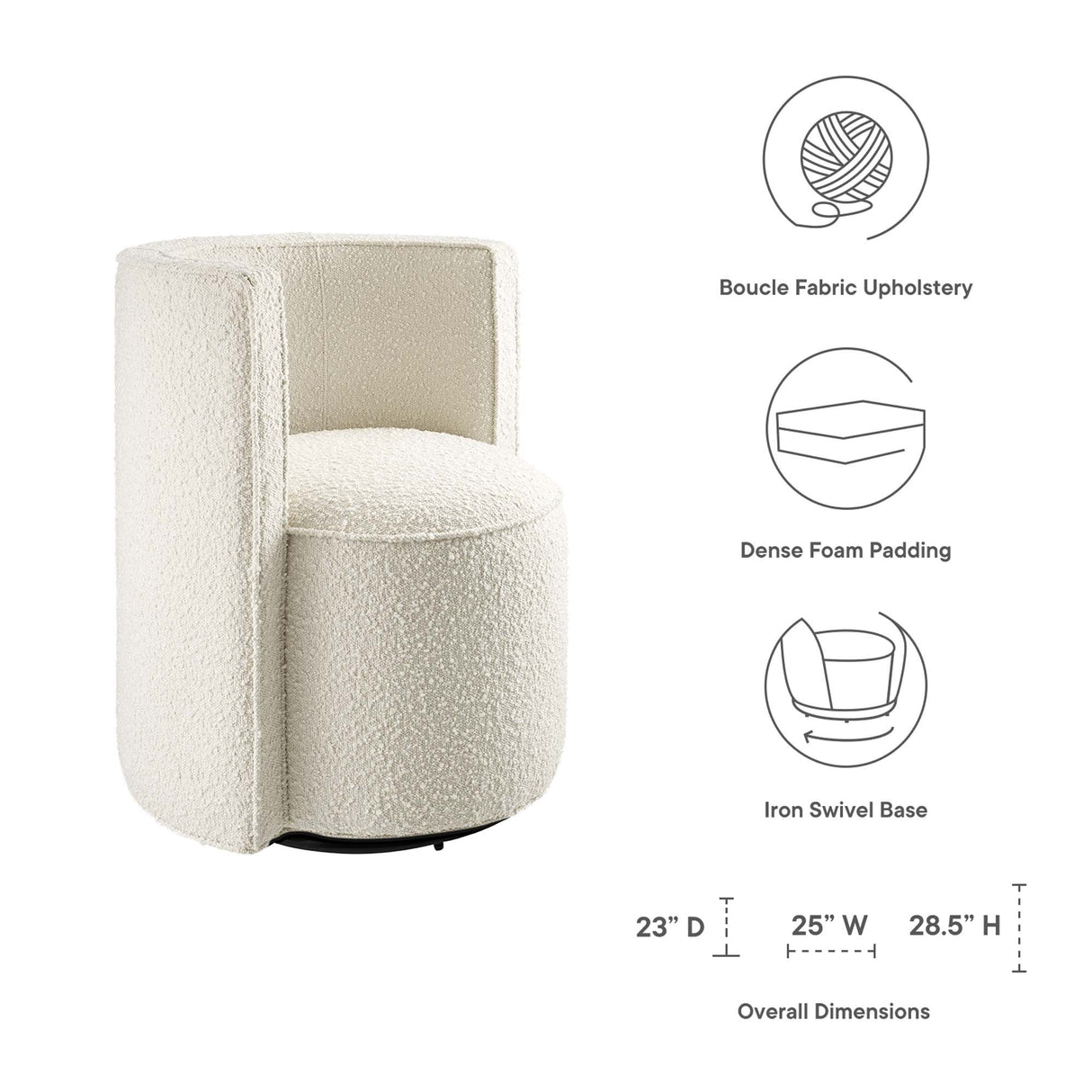 25 Inch Boucle Fabric Swivel Chair in Ivory