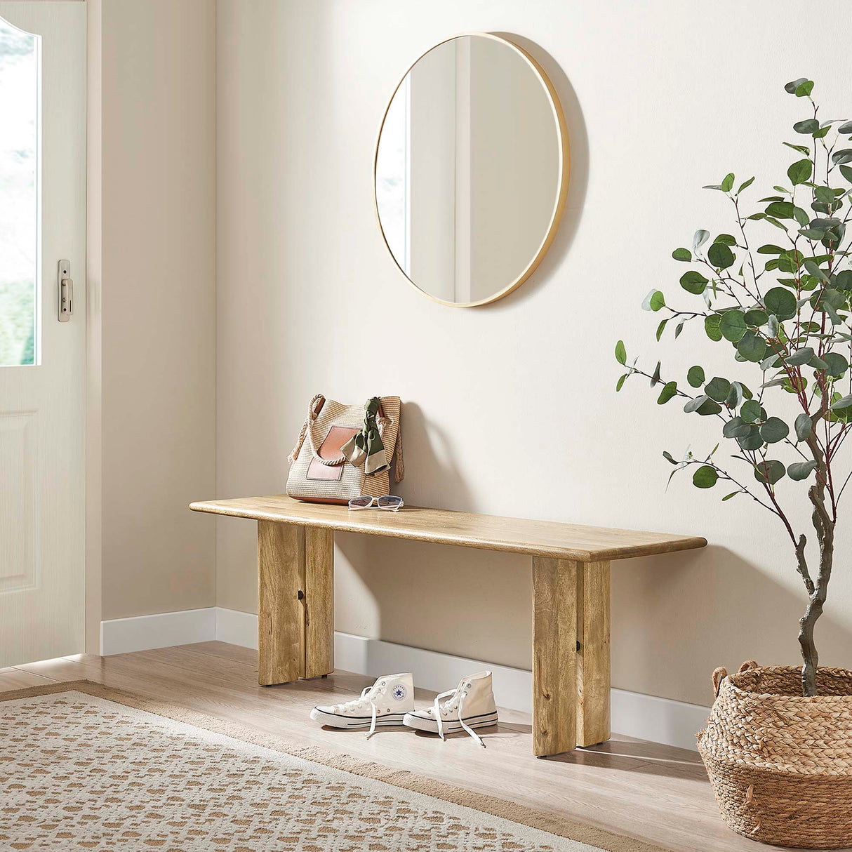 Solid Mango Wood Dining Bench with Modern Farmhouse Design
