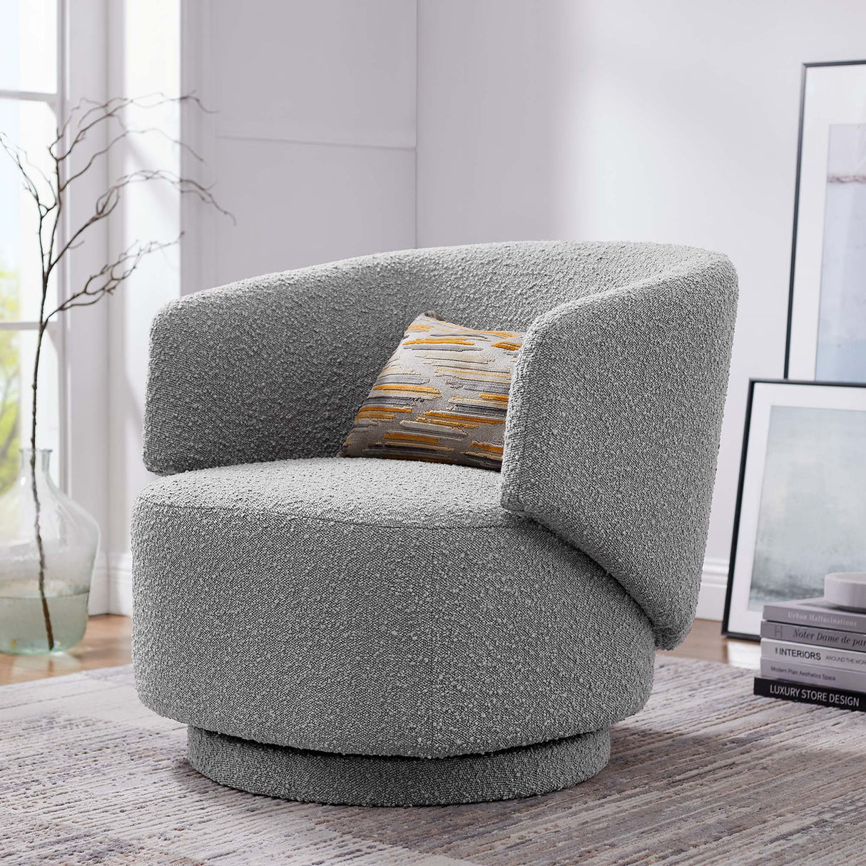 30 Inch Curved Boucle Fabric Swivel Accent Chair