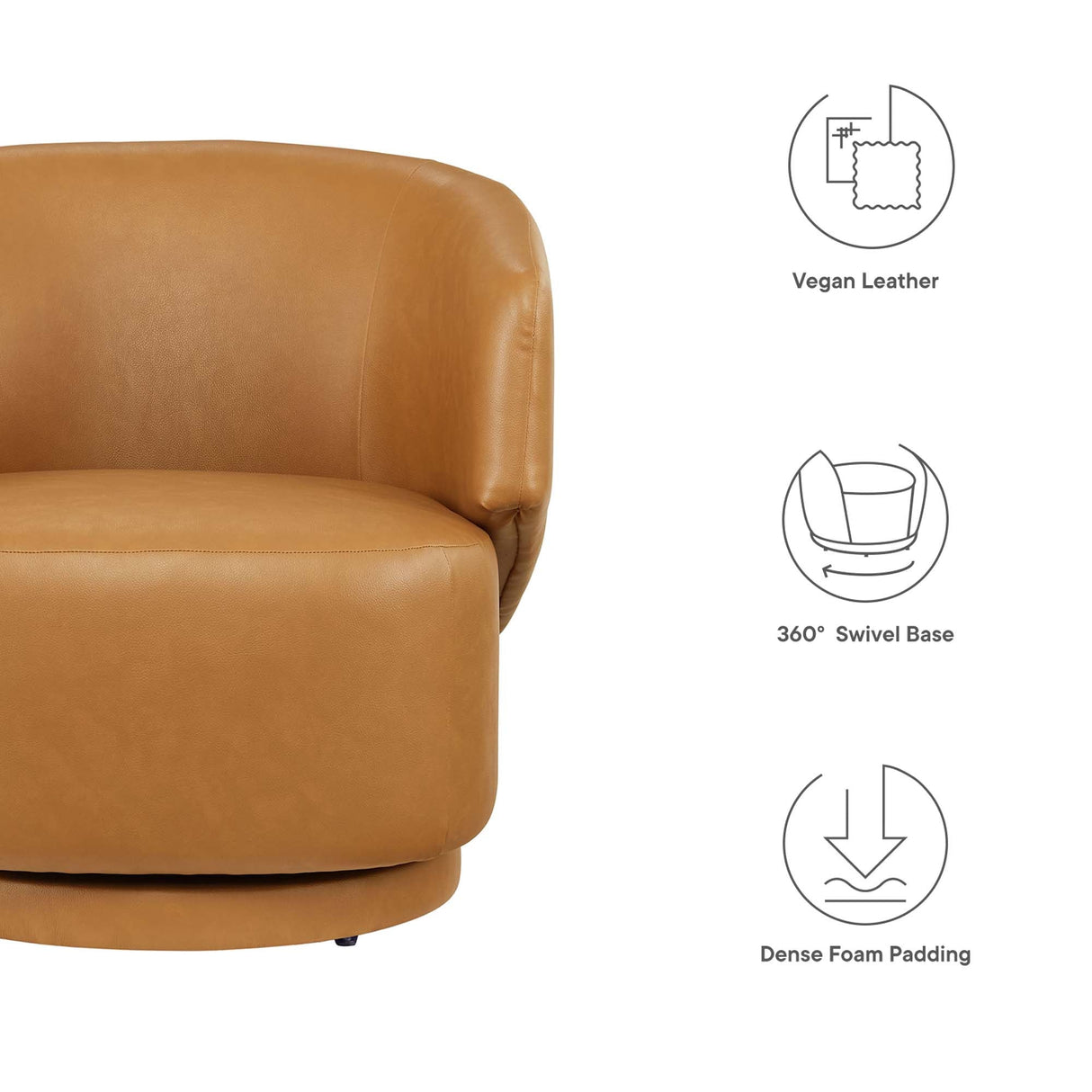 30 Inch Curved Vegan Leather Swivel Accent Chair in Tan