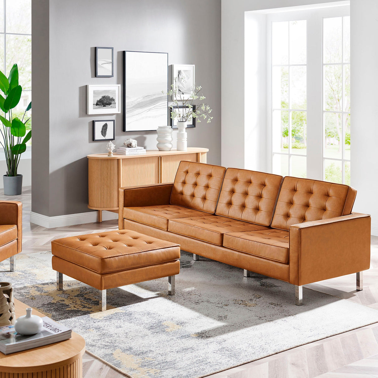 2 Piece 119" Tufted Vegan Leather Sofa and Ottoman Set